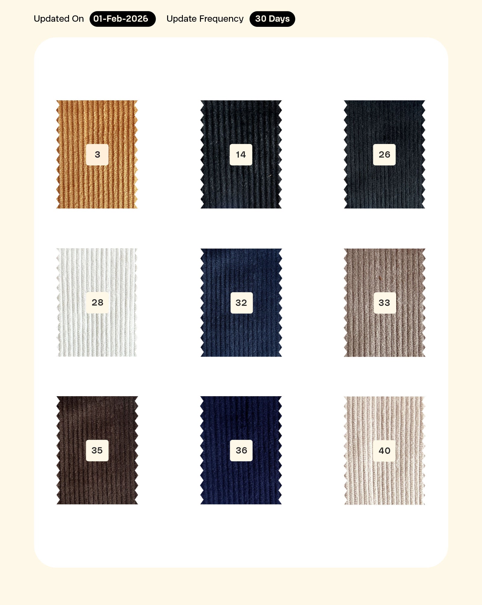 8 Wales Cotton Lycra Corduroy Mill Dyed Fabric 56"