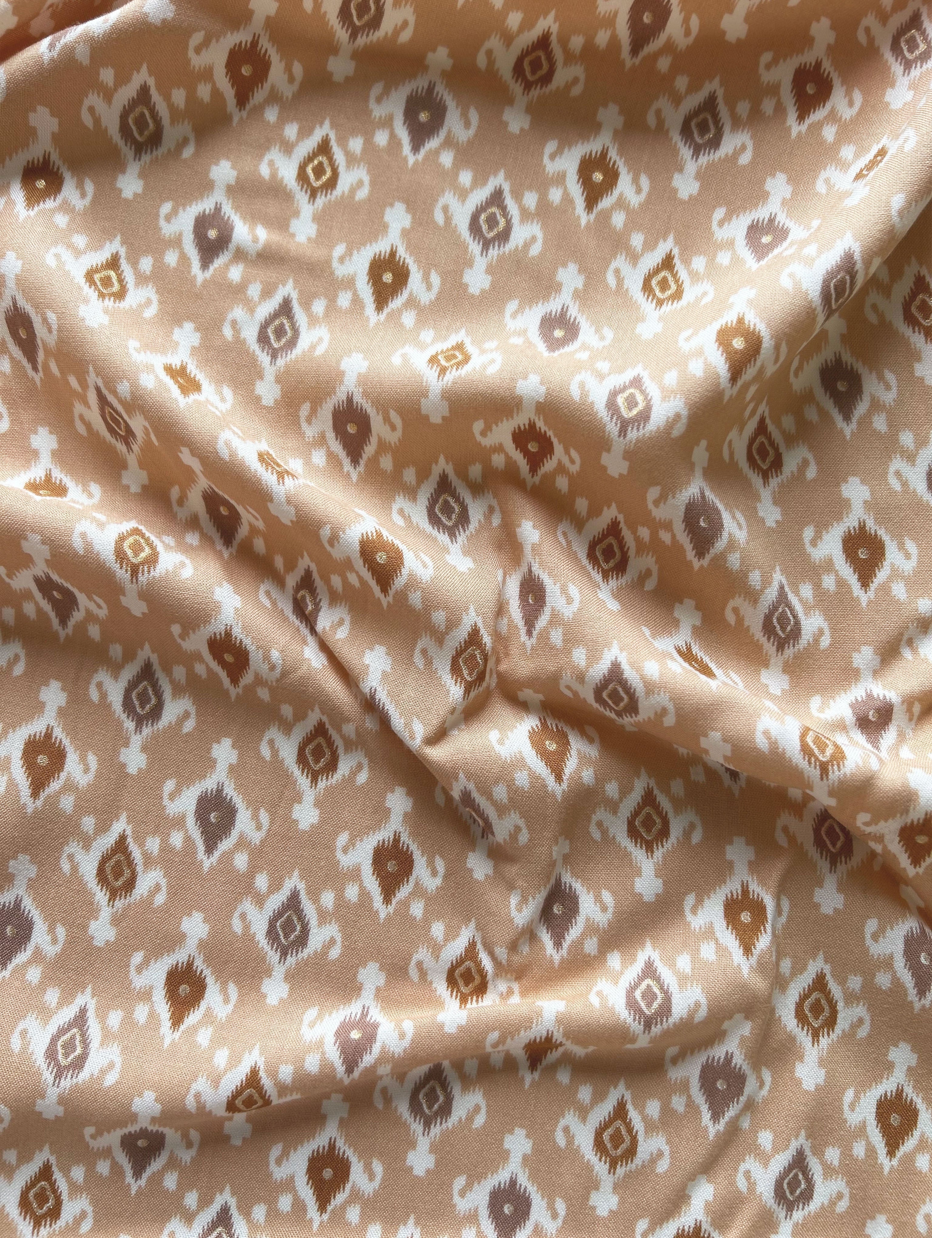 Peach Foil Screen Print Rayon Fabric 54"