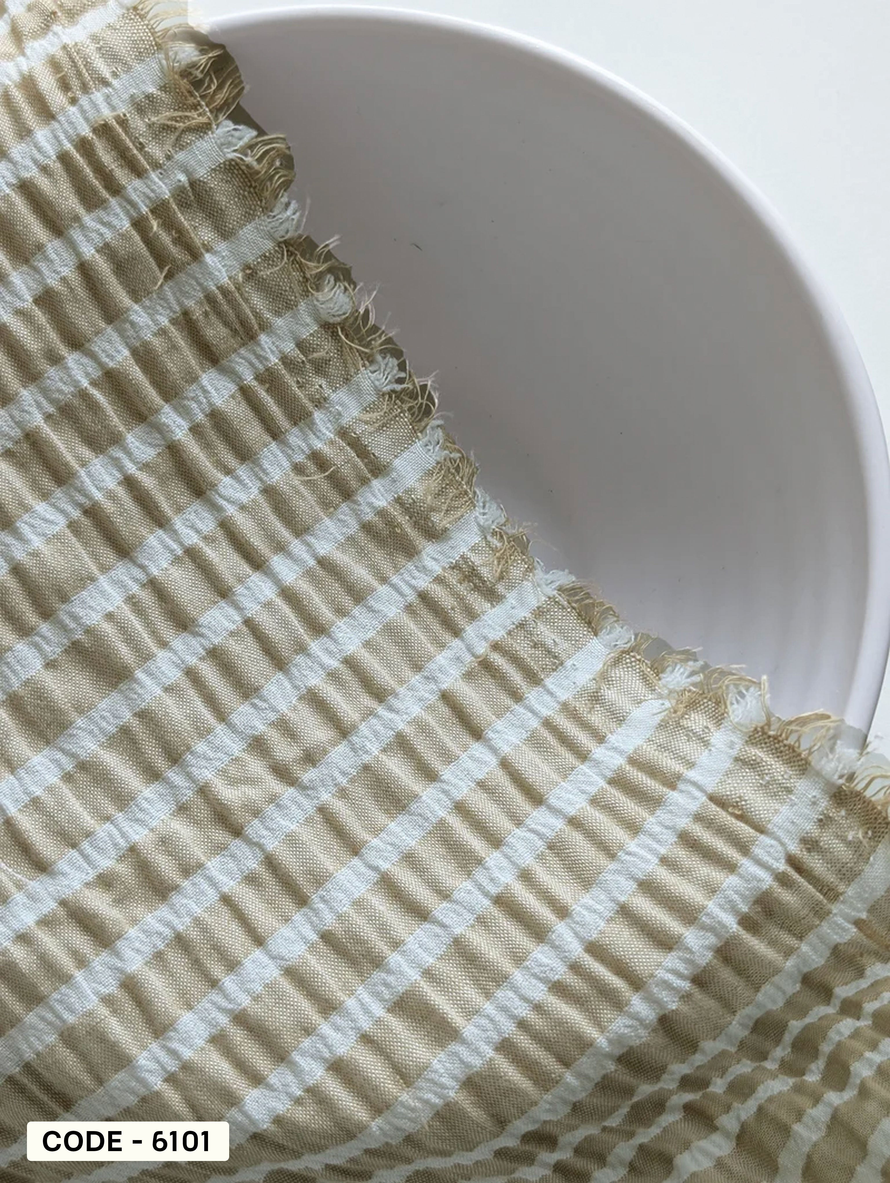 Beige Stripes Seersucker Blended Cotton Yarn Dyed Fabric 50"