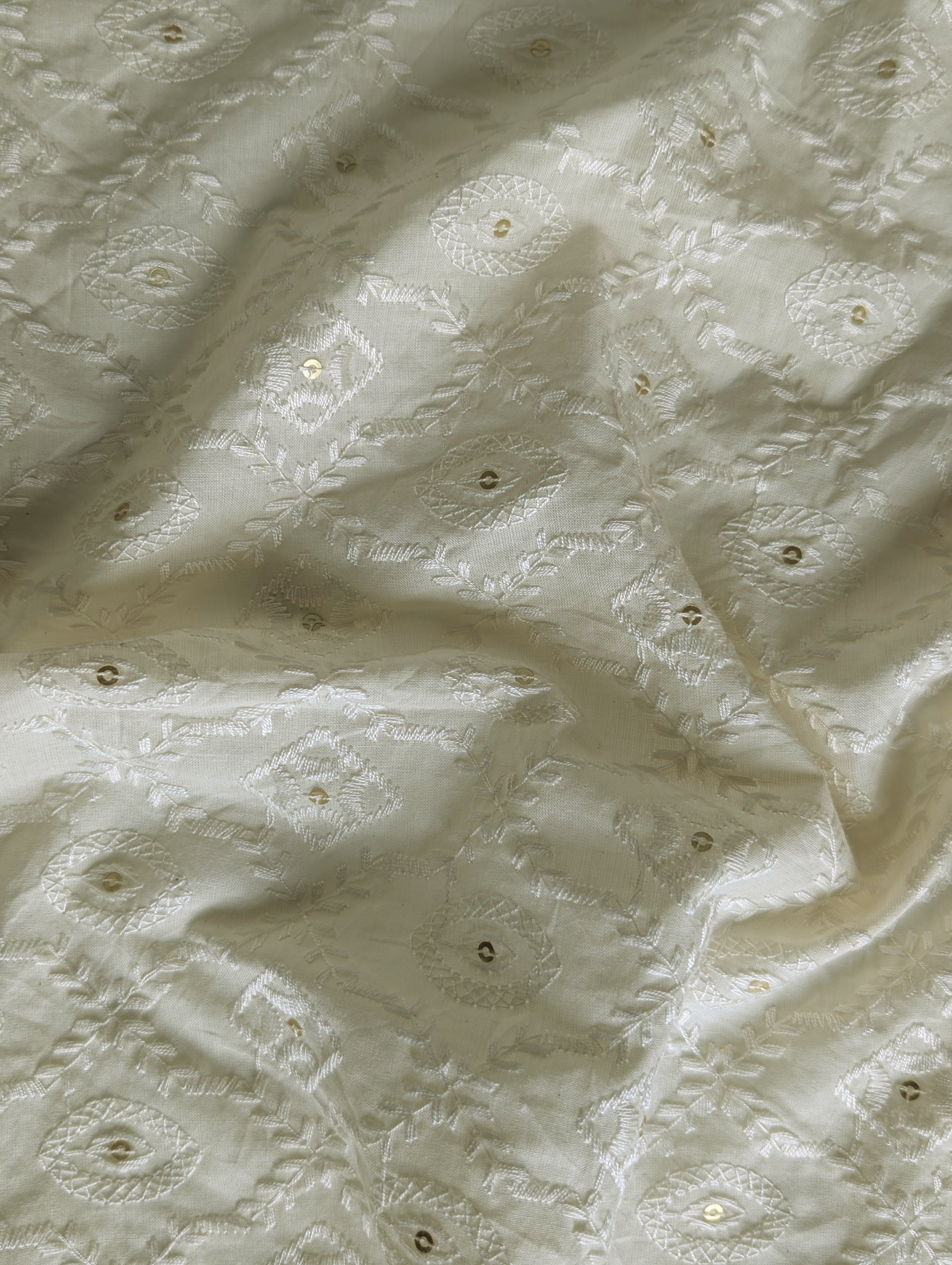 Buy Schiffli Gold Sequins Embroidery Cotton Fabric 46" (Greige) Online