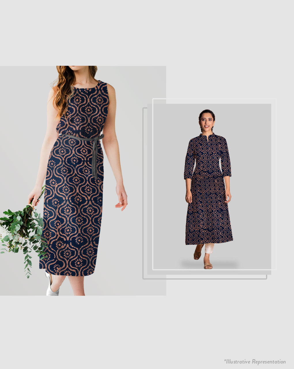 Indigo Hand Block Moss Crepe Fabric