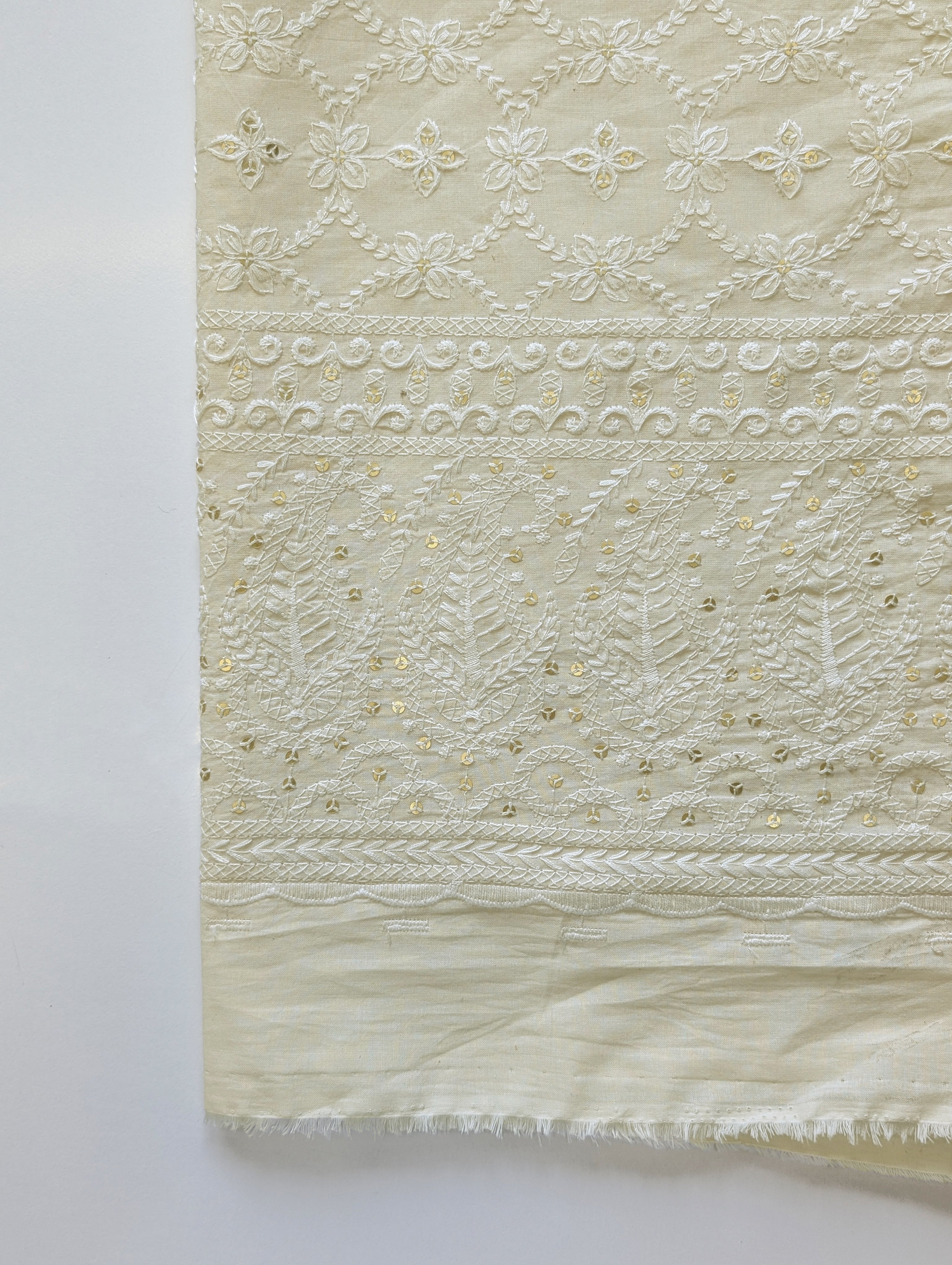 Gold Sequins Schiffli Embroidery Cotton Fabric 52" (Greige)