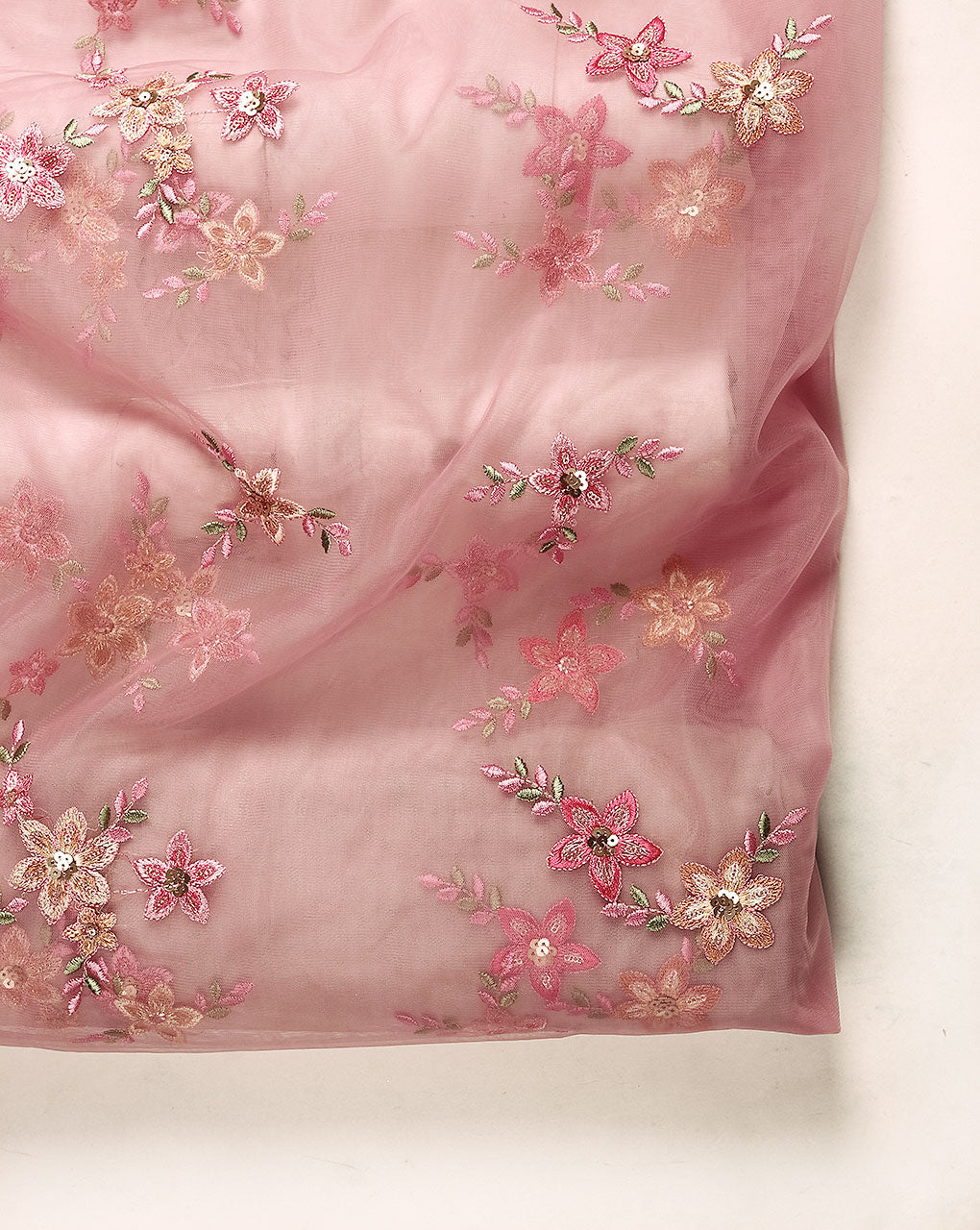 Pink Embroidered Sequins Work Net Fabric