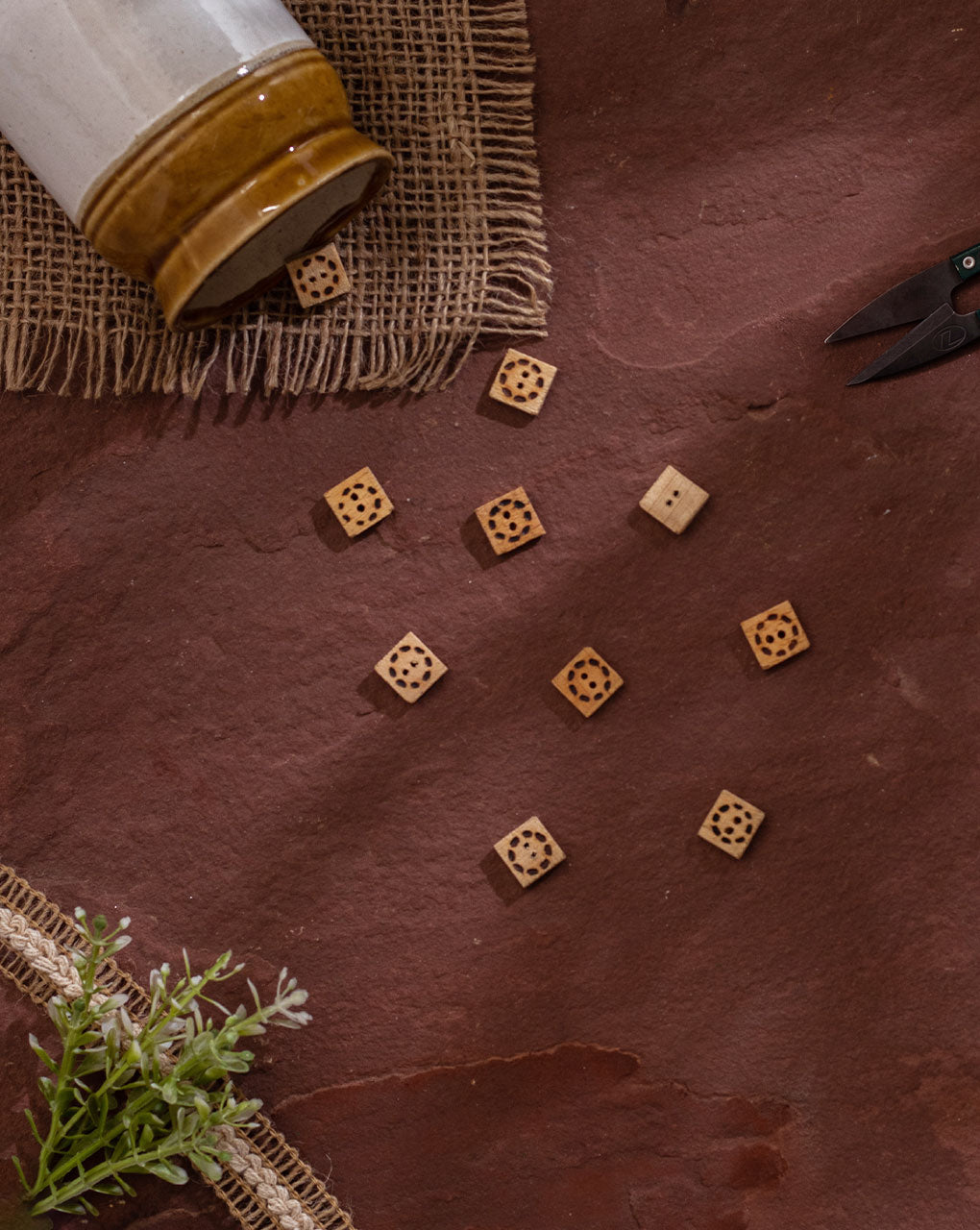 Hand Carved Square Wood Button ( Set Of 5 )