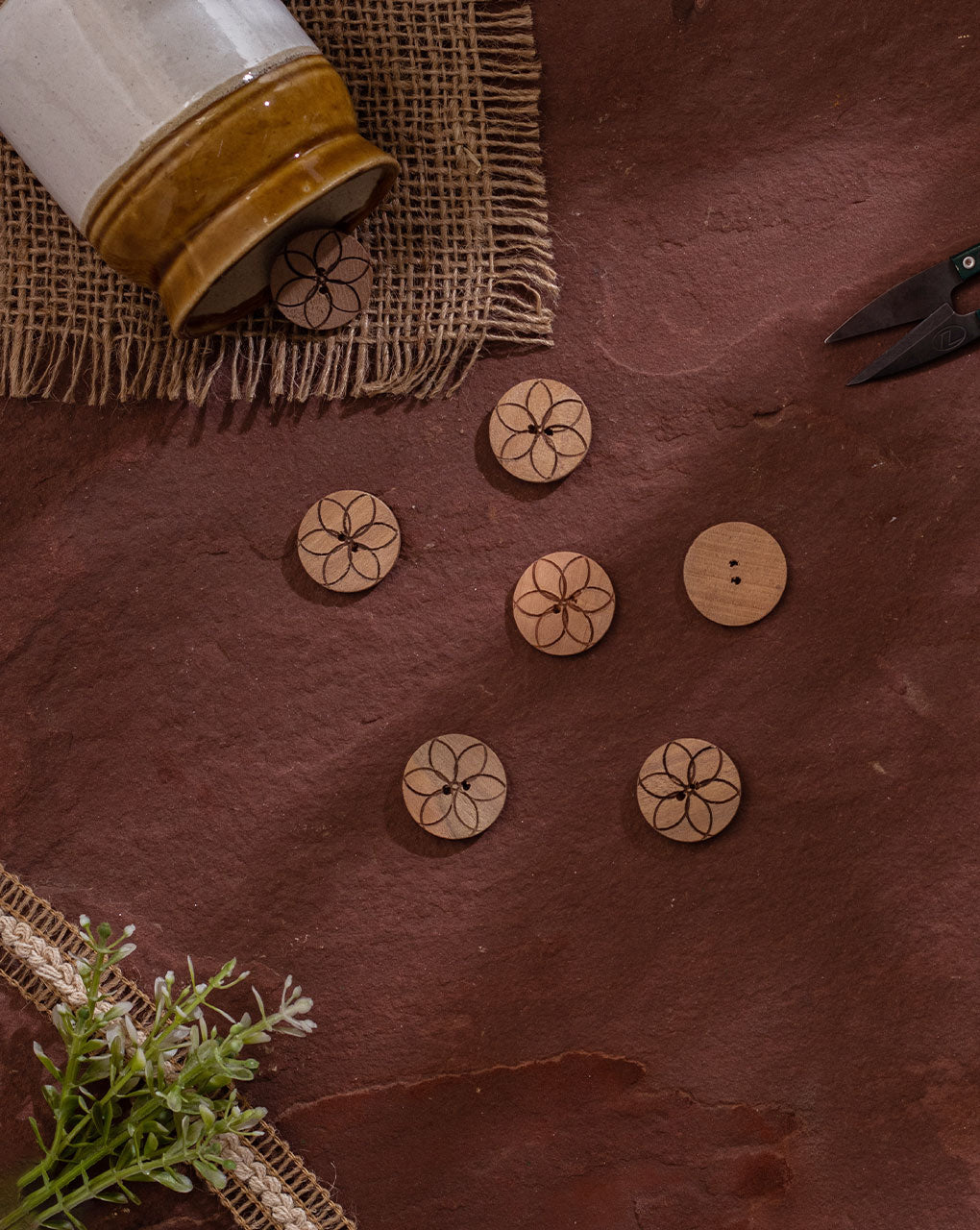 Hand Carved Round Wood Button ( Set Of 5 )