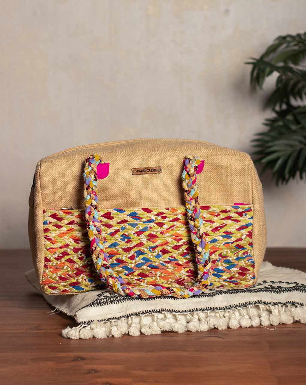 Up-Cycled Fabric Jute Duffel Handbag - Fabriclore.com