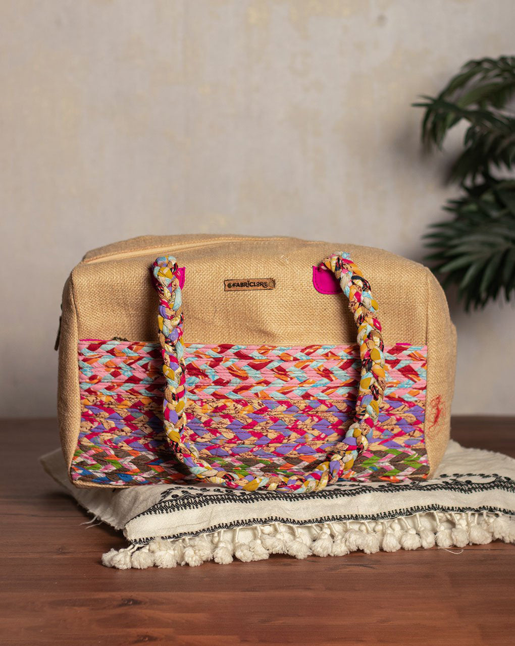 Up-Cycled Fabric Jute Duffel Handbag - Fabriclore.com