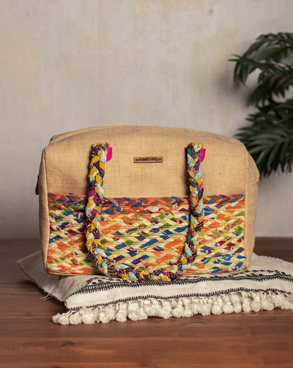 Up-Cycled Fabric Jute Duffel Handbag - Fabriclore.com
