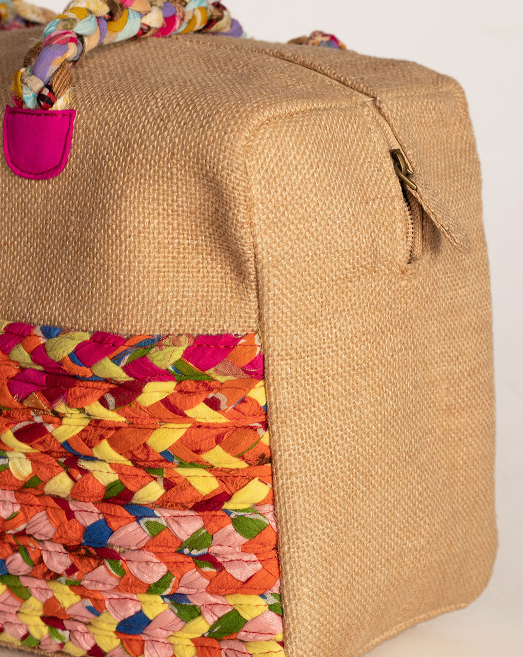 Up-Cycled Fabric Jute Duffel Handbag - Fabriclore.com