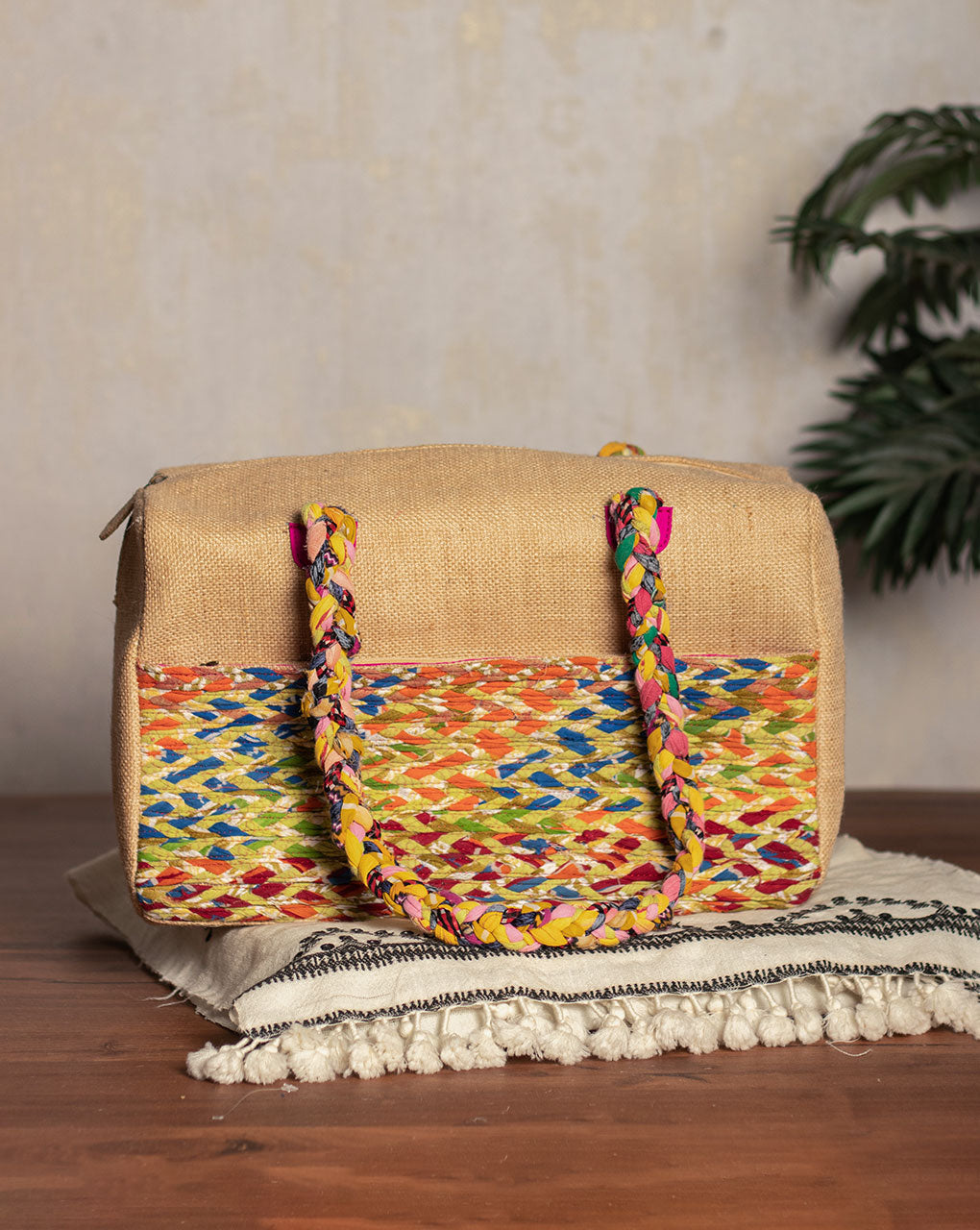Up-Cycled Fabric Jute Duffel Handbag - Fabriclore.com