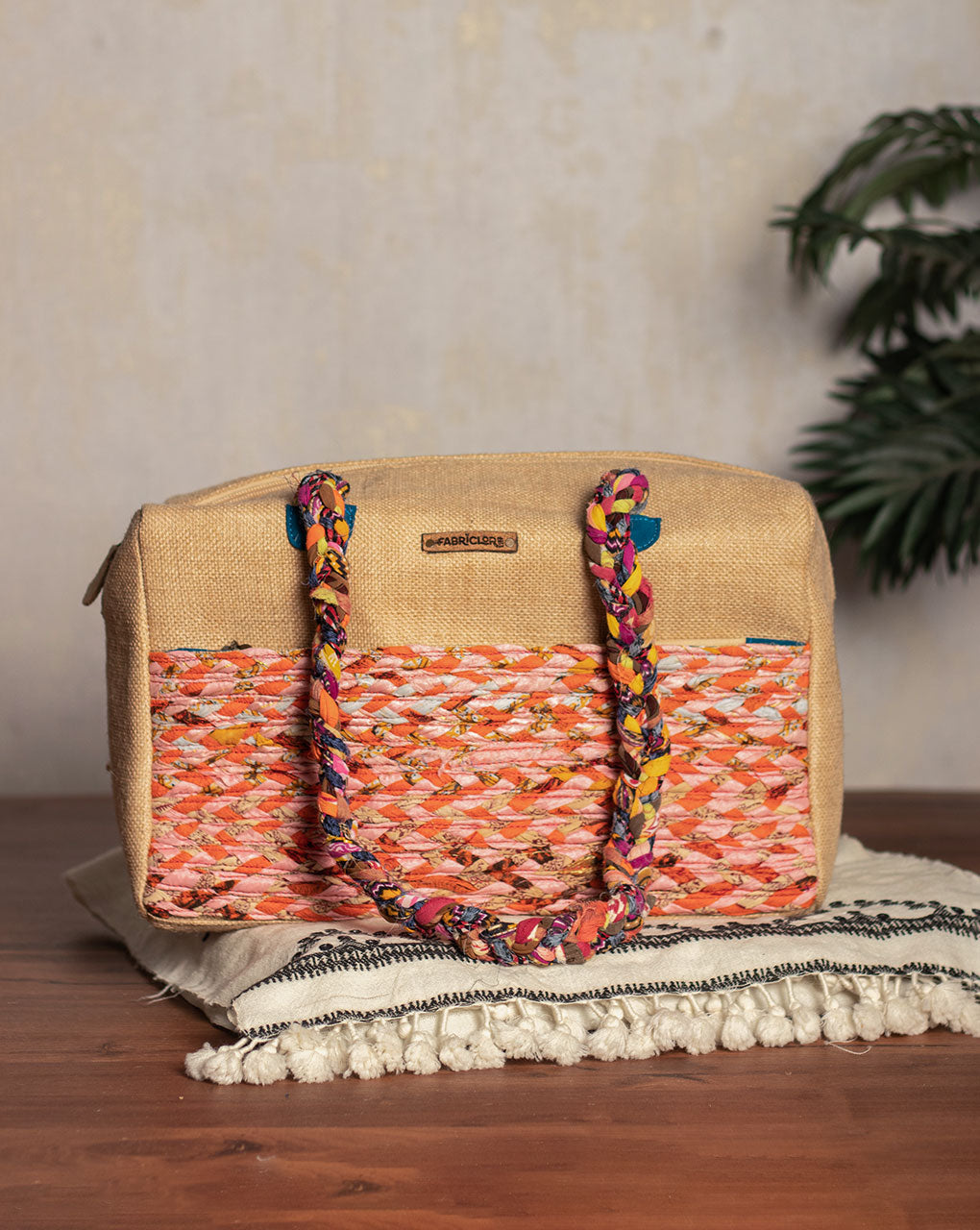 Up-Cycled Fabric Jute Duffel Handbag - Fabriclore.com