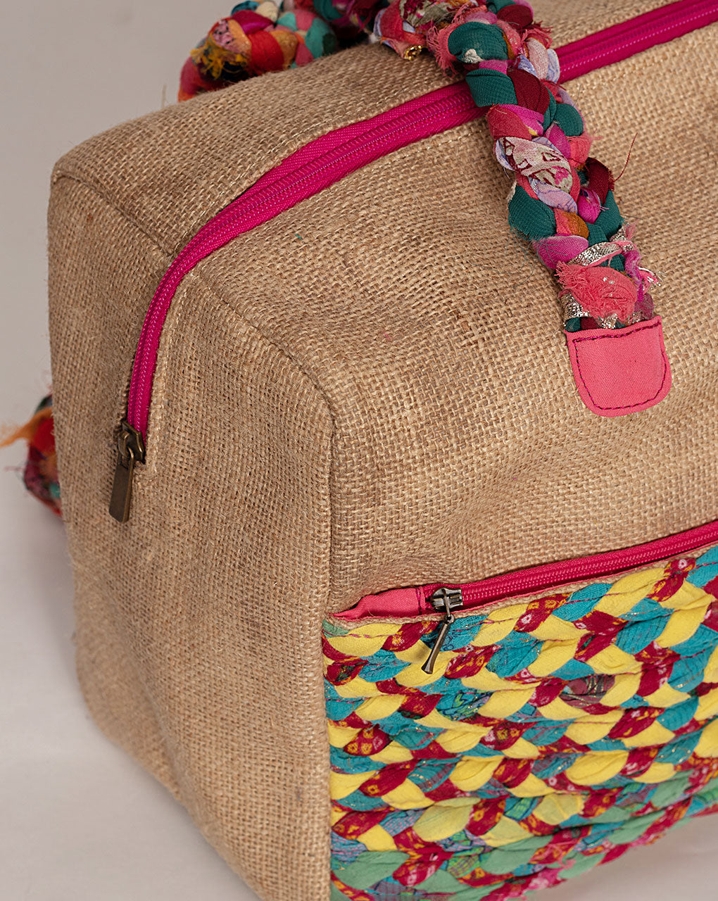 Up-cycled Fabric Jute Duffel Handbag