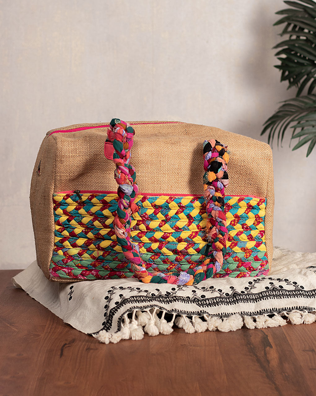 Up-cycled Fabric Jute Duffel Handbag