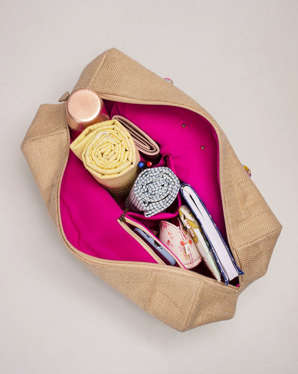 Up-cycled Fabric Jute Duffel Handbag