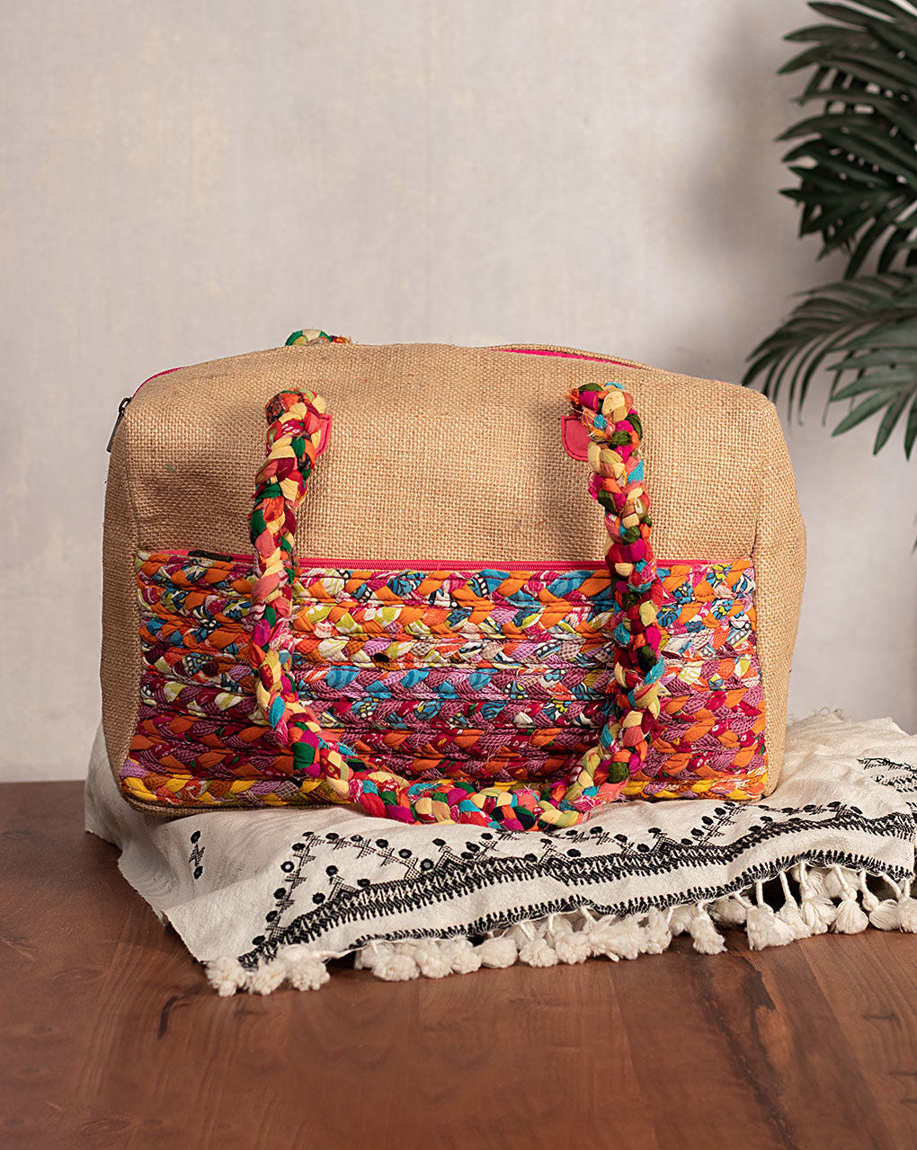 Up-cycled Fabric Jute Duffel Handbag