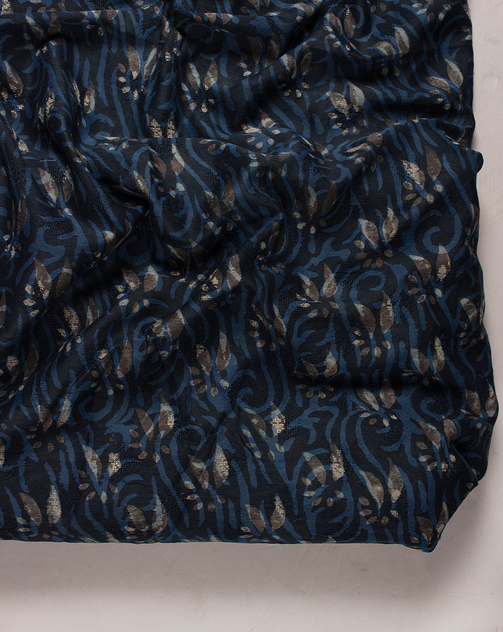 Indigo Hand Block Embroidered Mercerized Chanderi Fabric