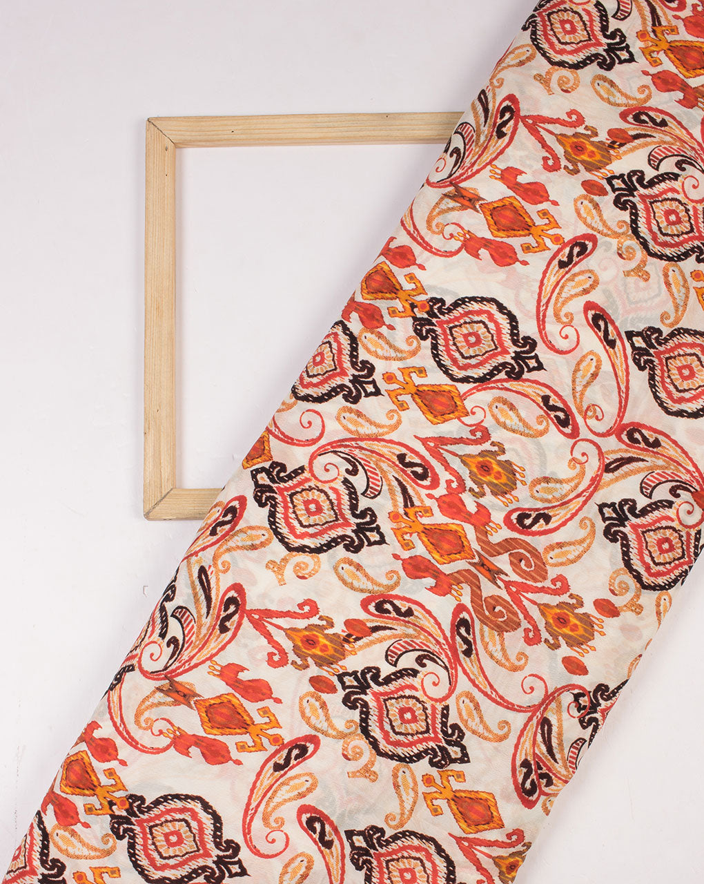 White Red Paisley Pattern Digital Print Viscose Crepe Fabric - Fabriclore.com