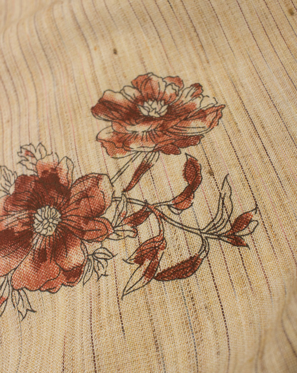 Beige Red Floral Woven Loom Textured Foil Screen Print Cotton Fabric - Fabriclore.com