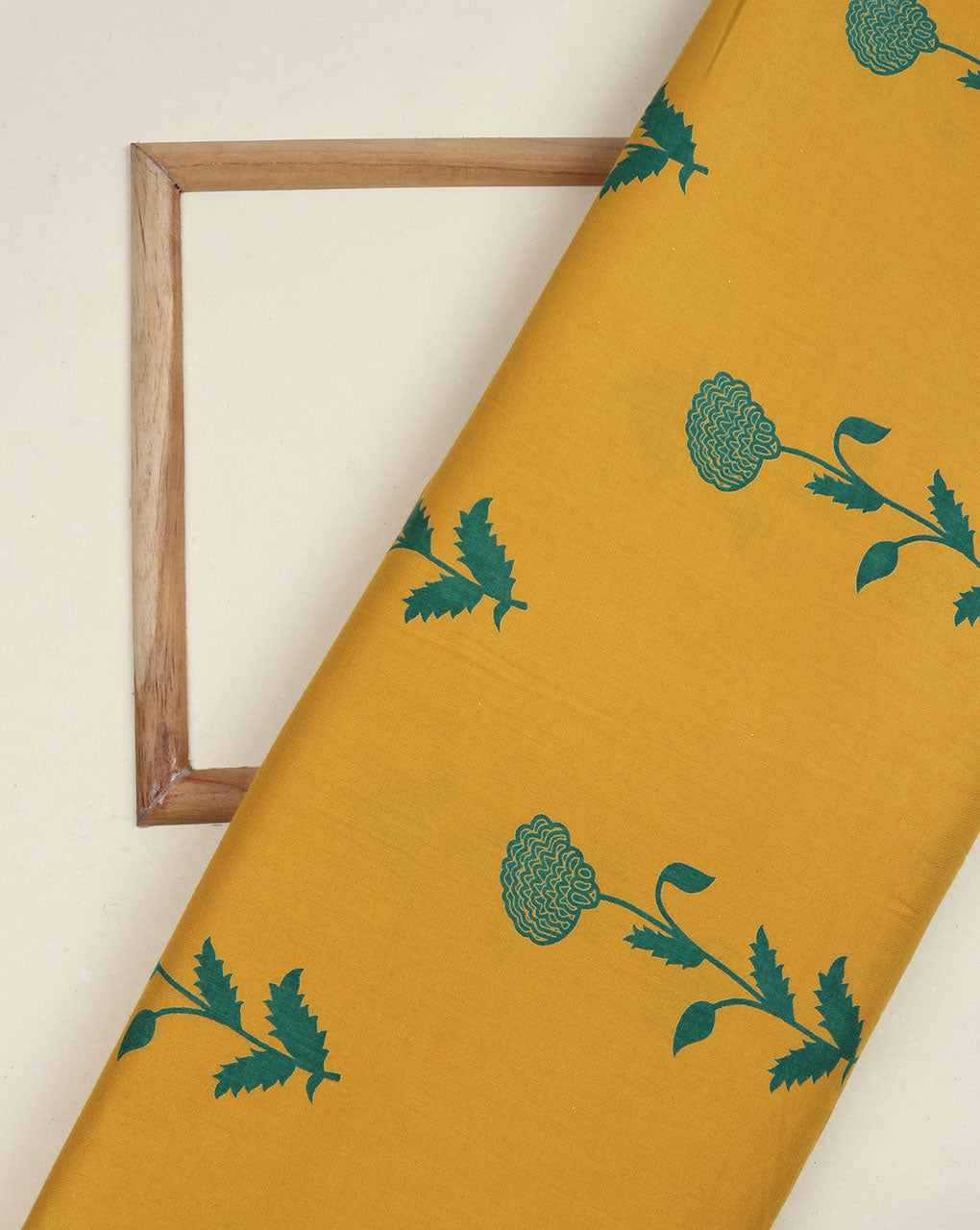 ( Pre Cut 90 CM ) Mustard Yellow & Green Floral Discharge Rayon Fabric