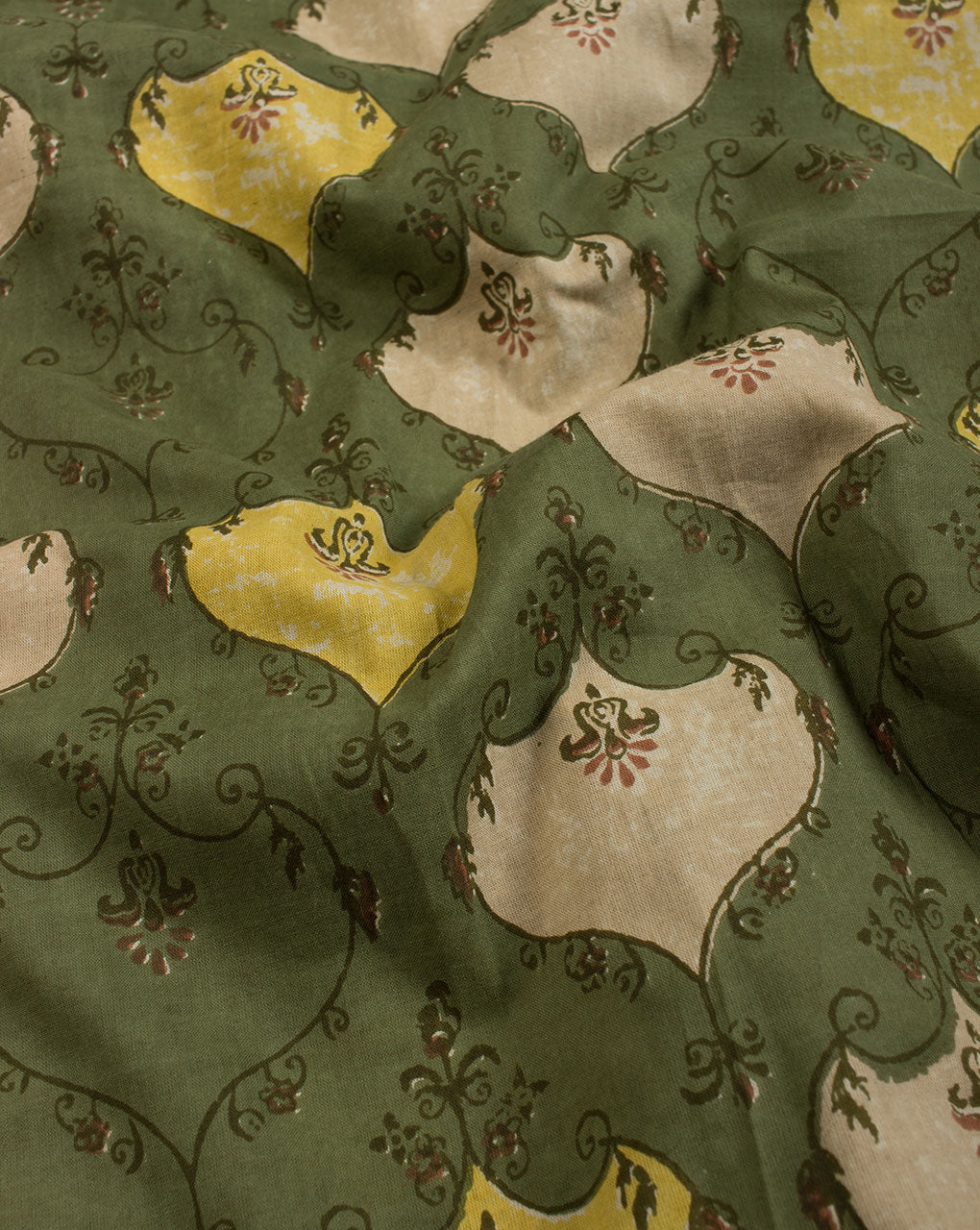 Green Yellow Floral Pattern Screen Print Cotton Fabric - Fabriclore.com