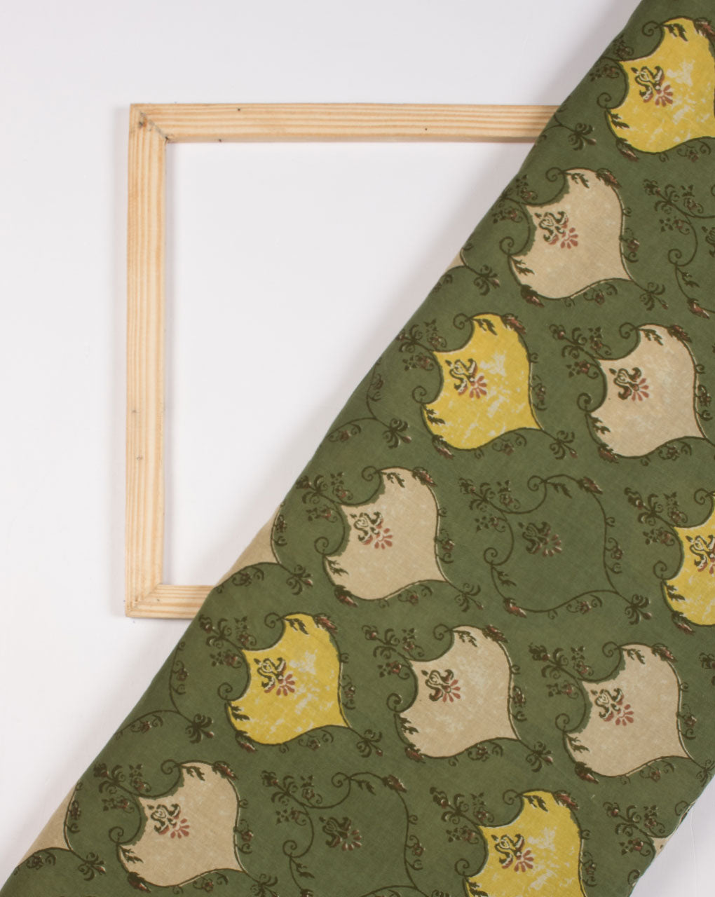 Green Yellow Floral Pattern Screen Print Cotton Fabric - Fabriclore.com