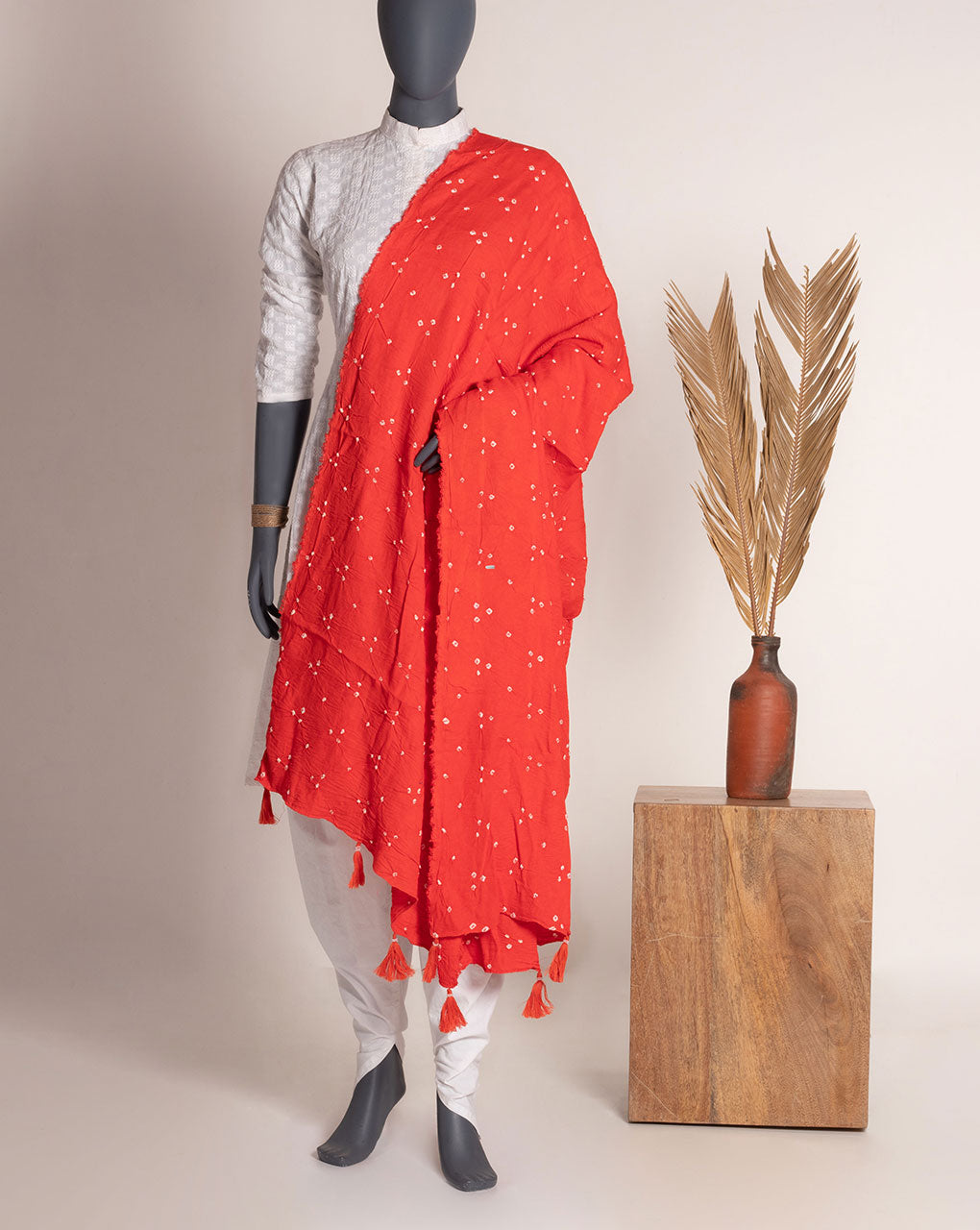 Orange Geometric Bandhani Dobby Rayon Dupatta - Fabriclore.com