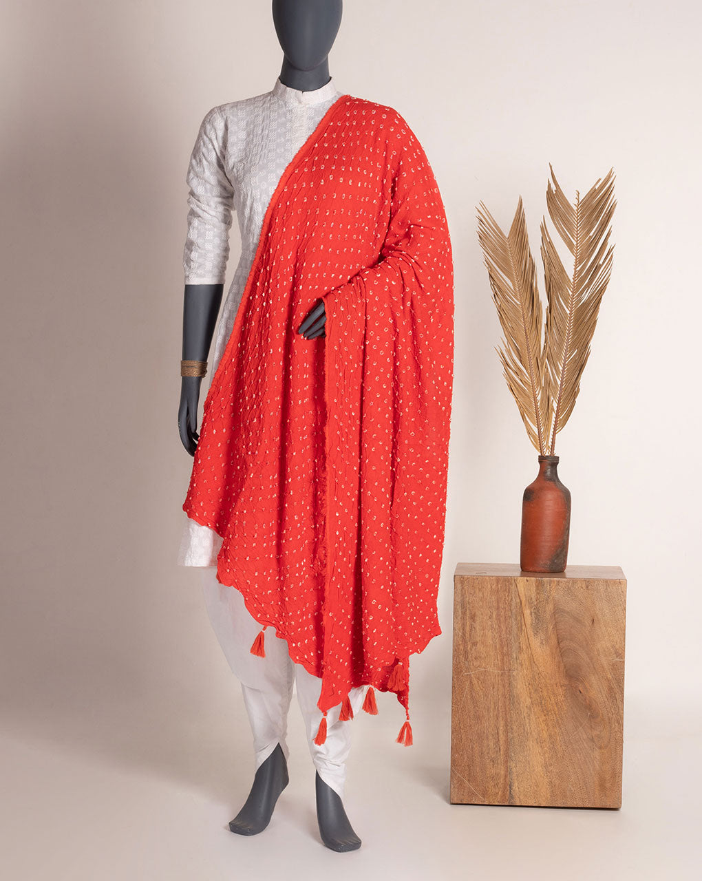Orange Geometric Bandhani Dobby Rayon Dupatta - Fabriclore.com