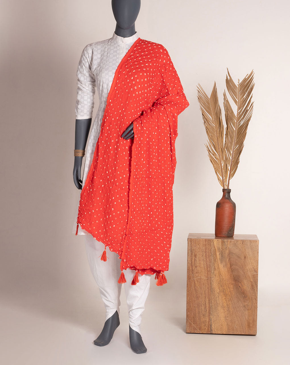 Orange Geometric Bandhani Dobby Rayon Dupatta - Fabriclore.com
