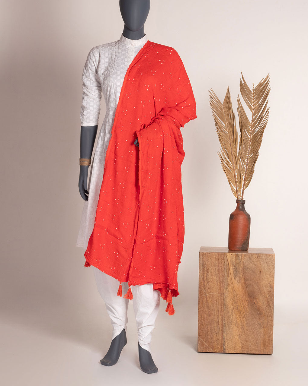 Orange Geometric Bandhani Dobby Rayon Dupatta - Fabriclore.com