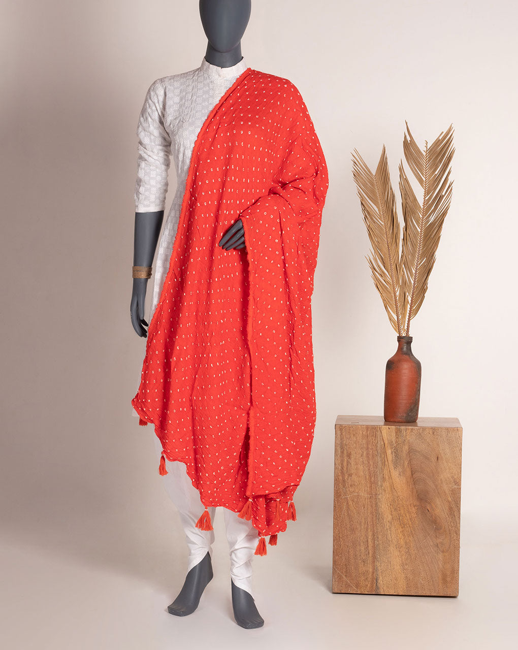 Orange Geometric Bandhani Dobby Rayon Dupatta - Fabriclore.com