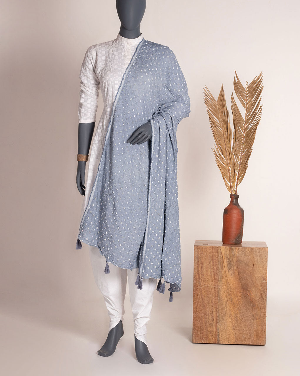 Grey Geometric Bandhani Dobby Rayon Dupatta - Fabriclore.com
