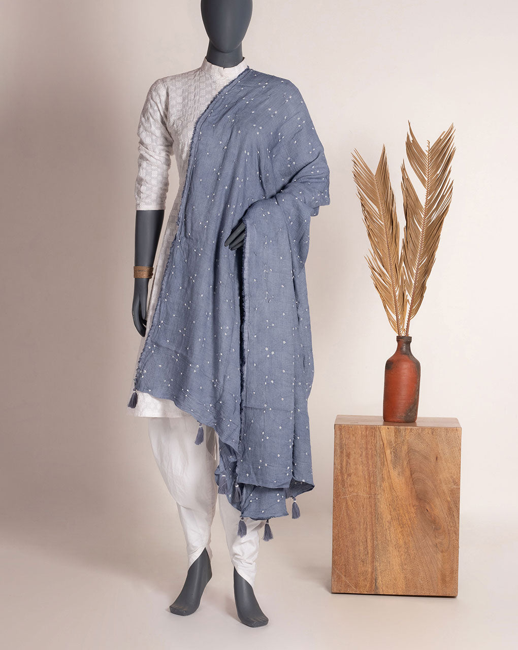 Grey Geometric Bandhani Dobby Rayon Dupatta - Fabriclore.com