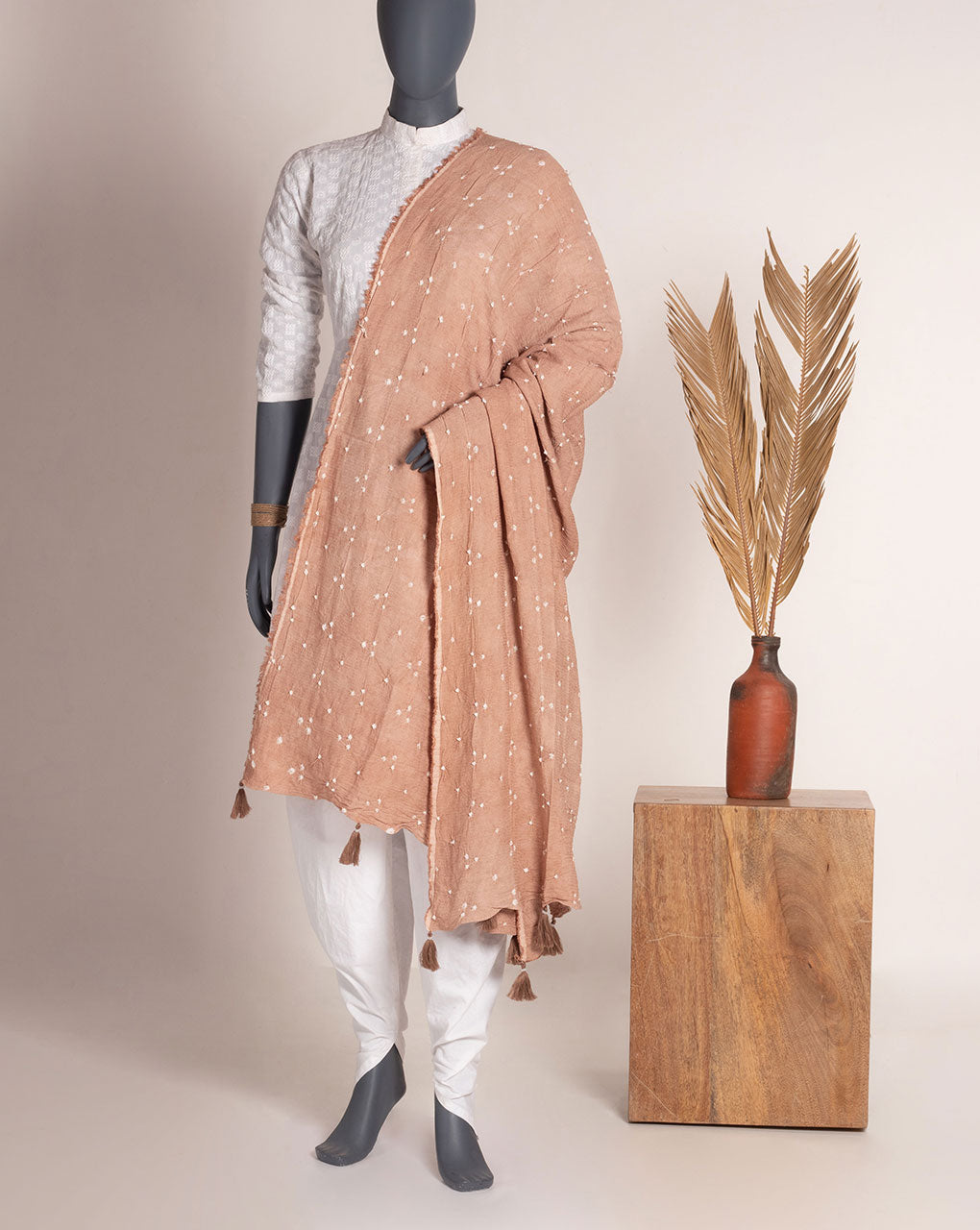 Brown Geometric Bandhani Dobby Rayon Dupatta - Fabriclore.com