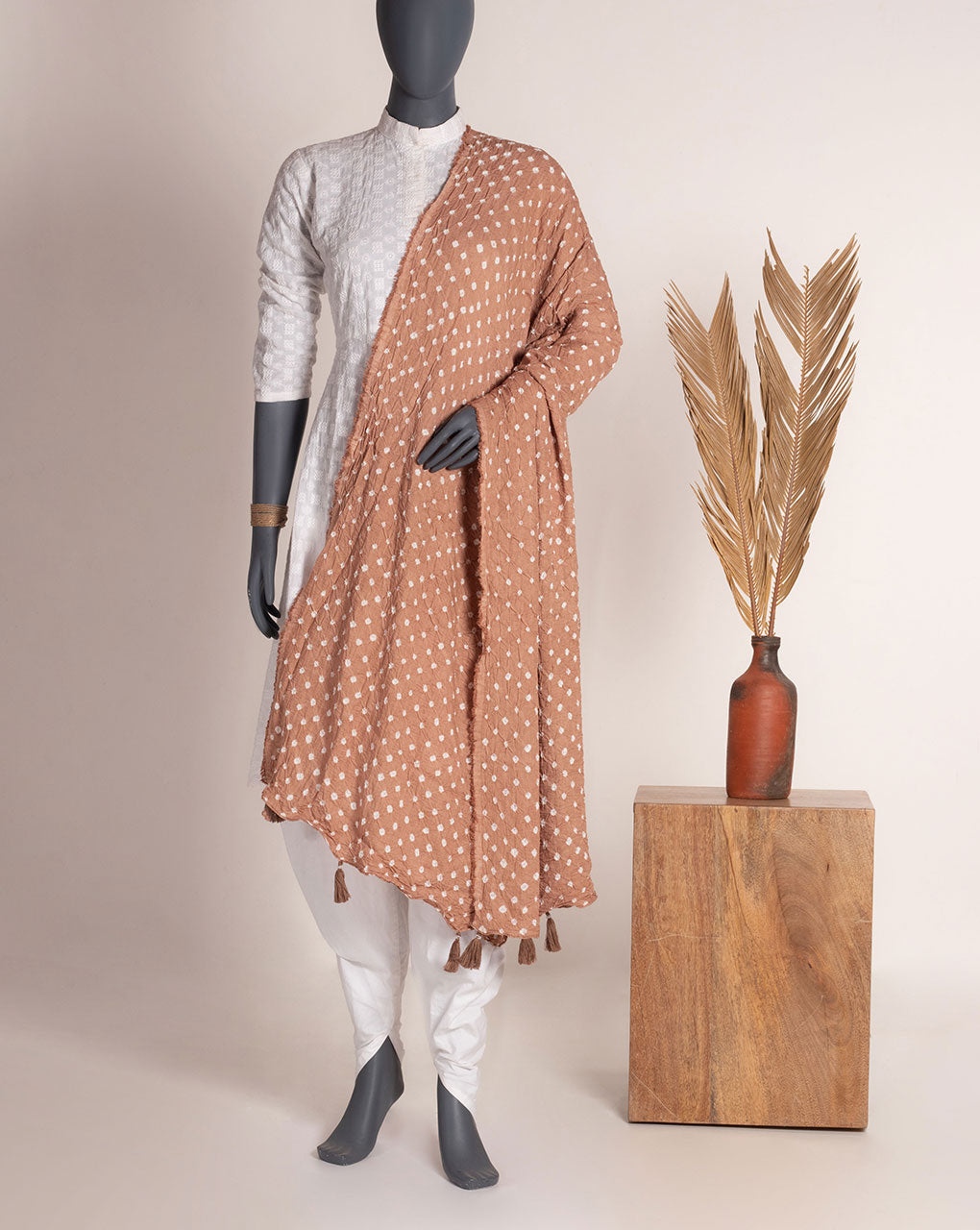 Brown Geometric Bandhani Dobby Rayon Dupatta - Fabriclore.com