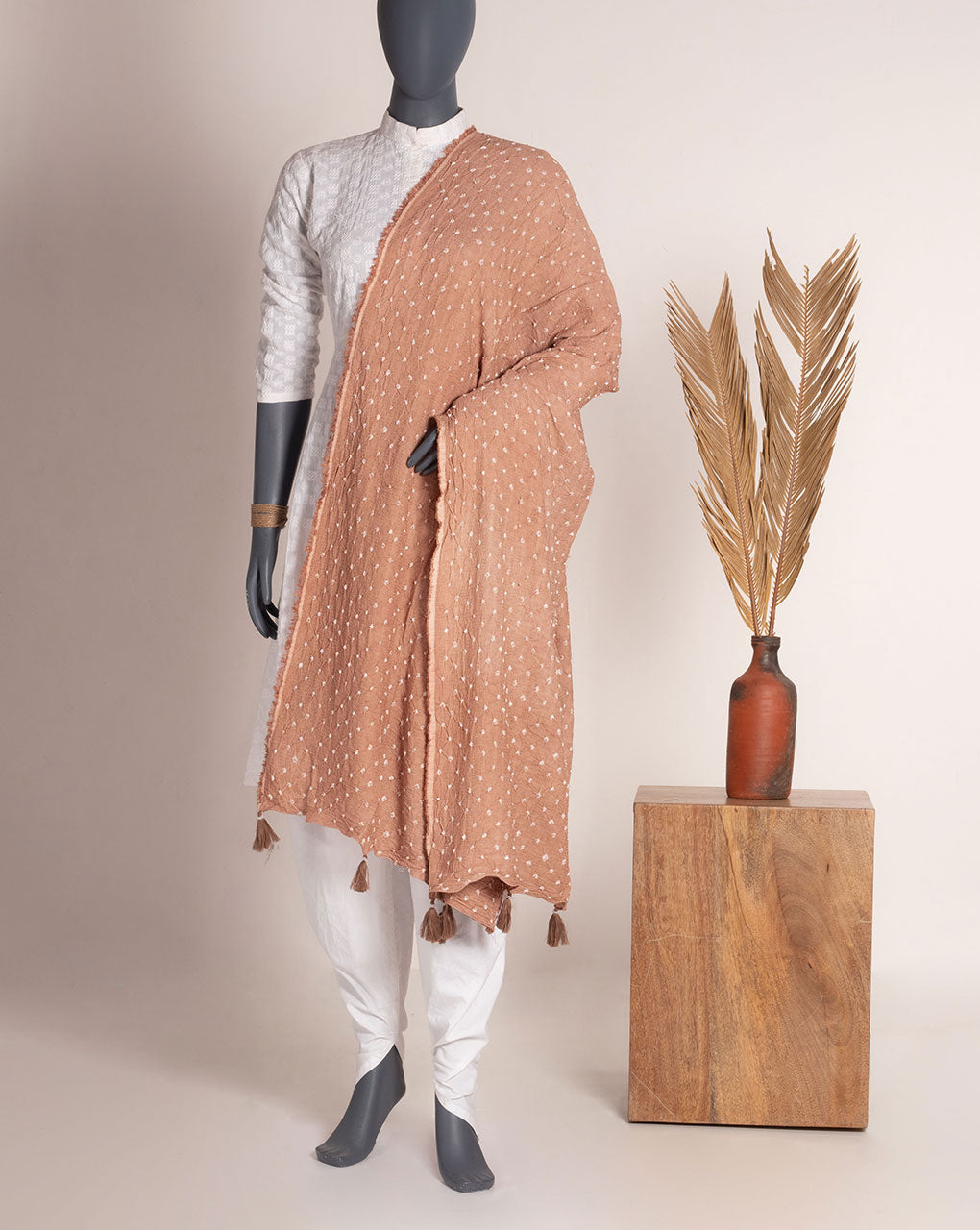 Brown Geometric Bandhani Dobby Rayon Dupatta - Fabriclore.com