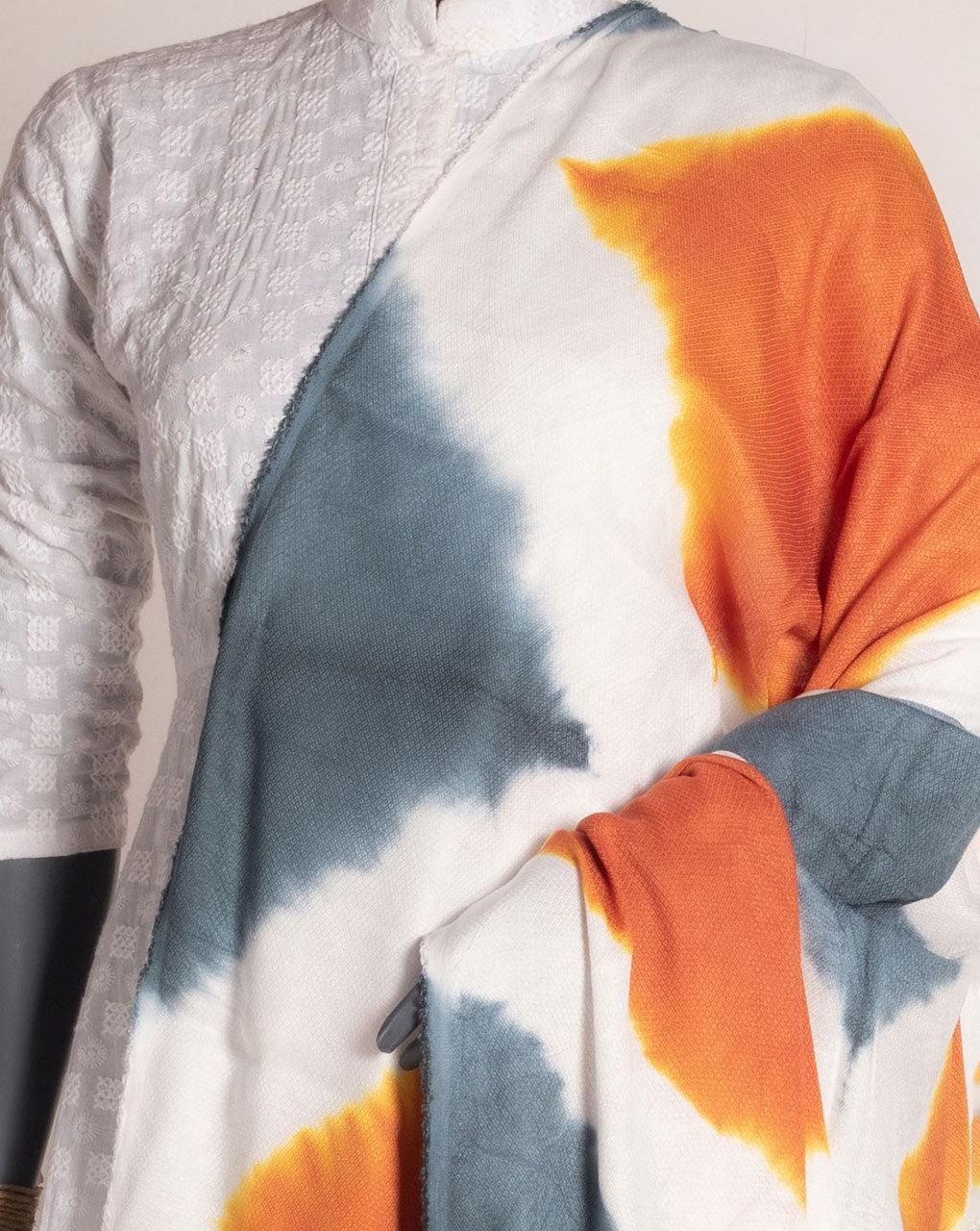 Grey Geometric Tie & Dye Dobby Rayon Dupatta - Fabriclore.com