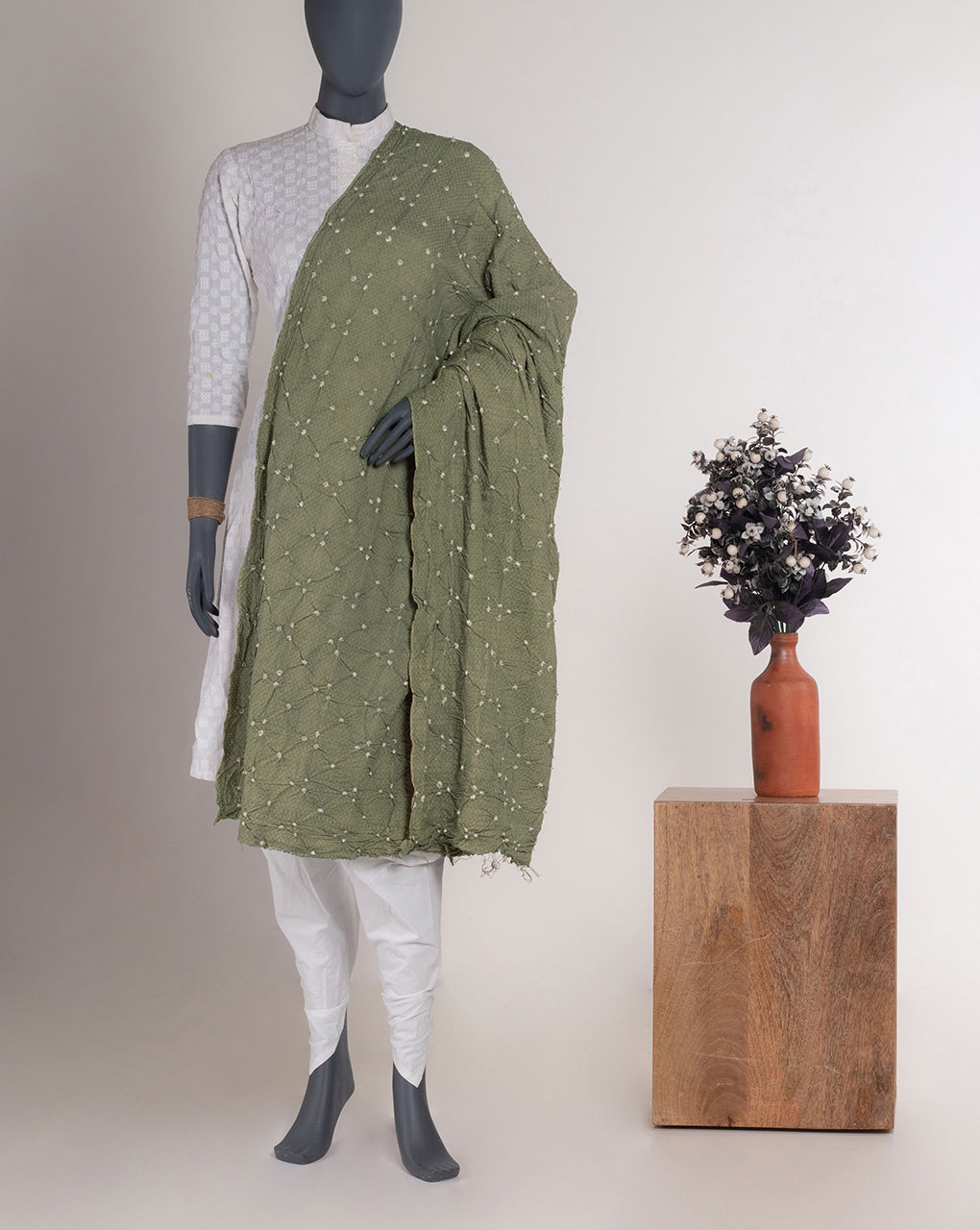 Pistachio Polka Dots Bandhani Dobby Rayon Dupatta - Fabriclore.com
