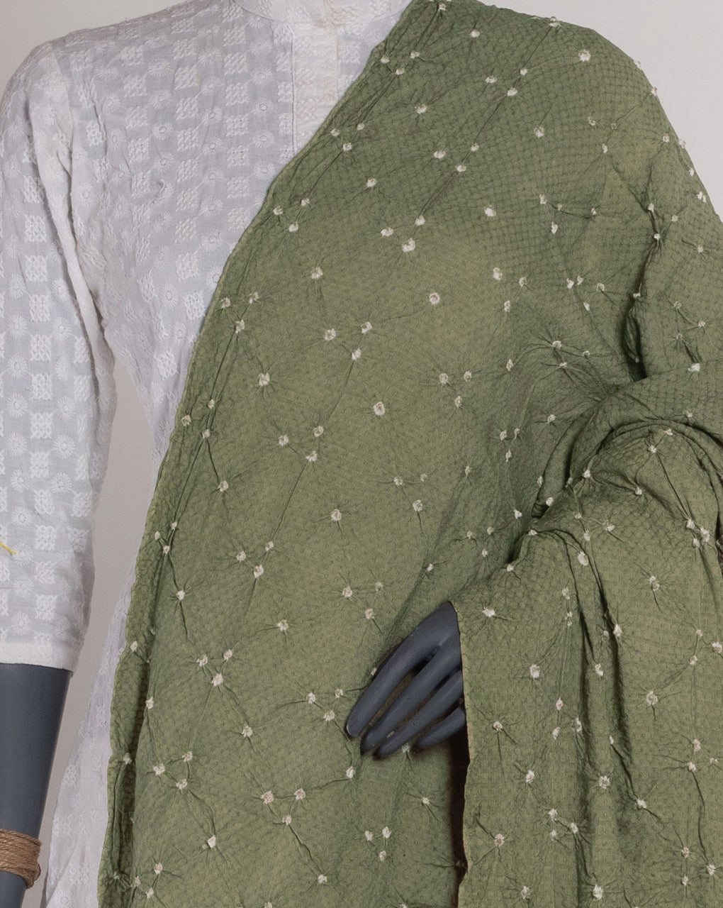 Pistachio Polka Dots Bandhani Dobby Rayon Dupatta - Fabriclore.com