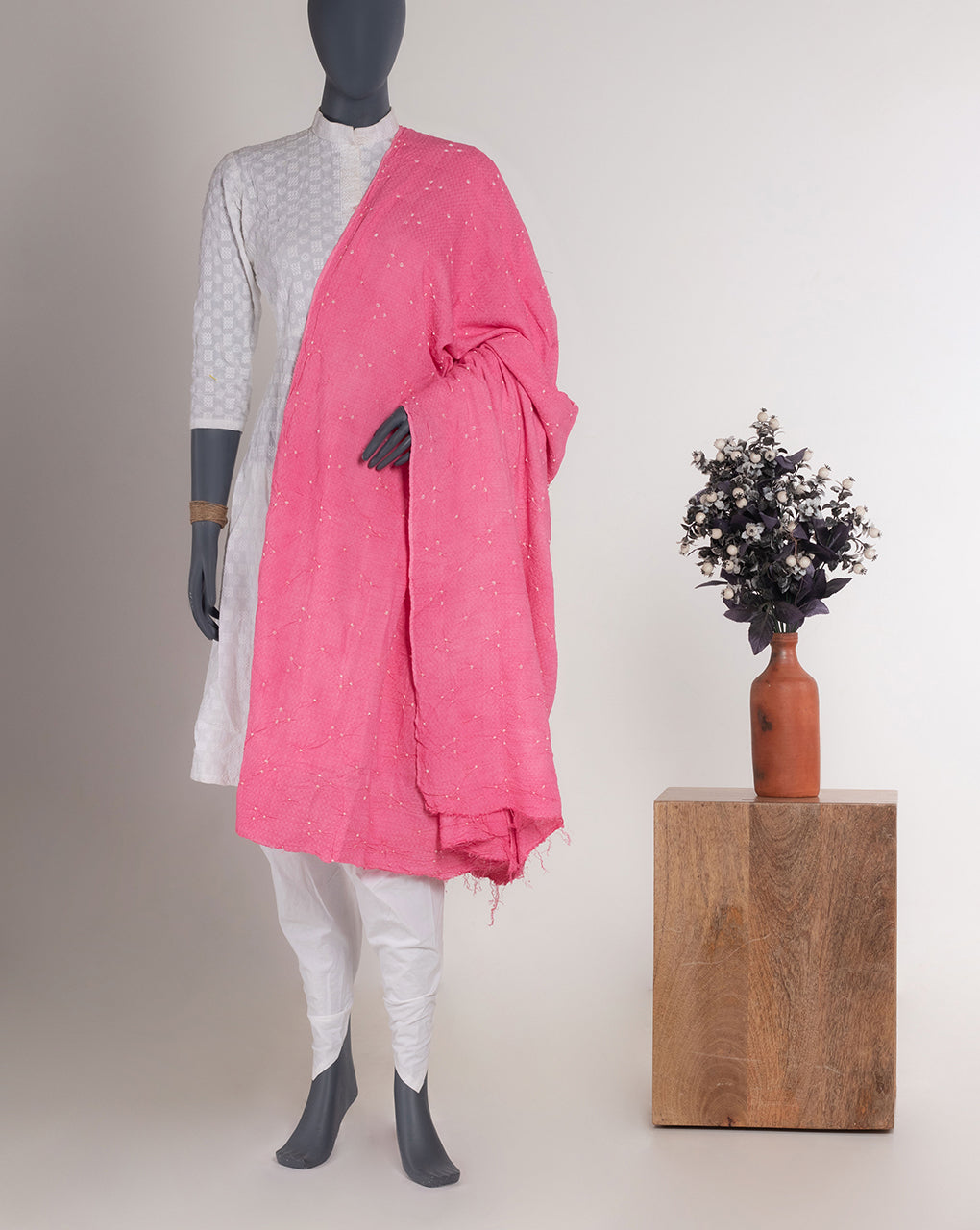 Pink Polka Dots Bandhani Dobby Rayon Dupatta - Fabriclore.com