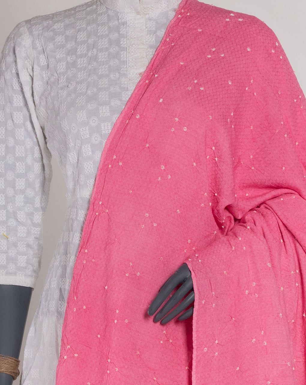 Pink Polka Dots Bandhani Dobby Rayon Dupatta - Fabriclore.com