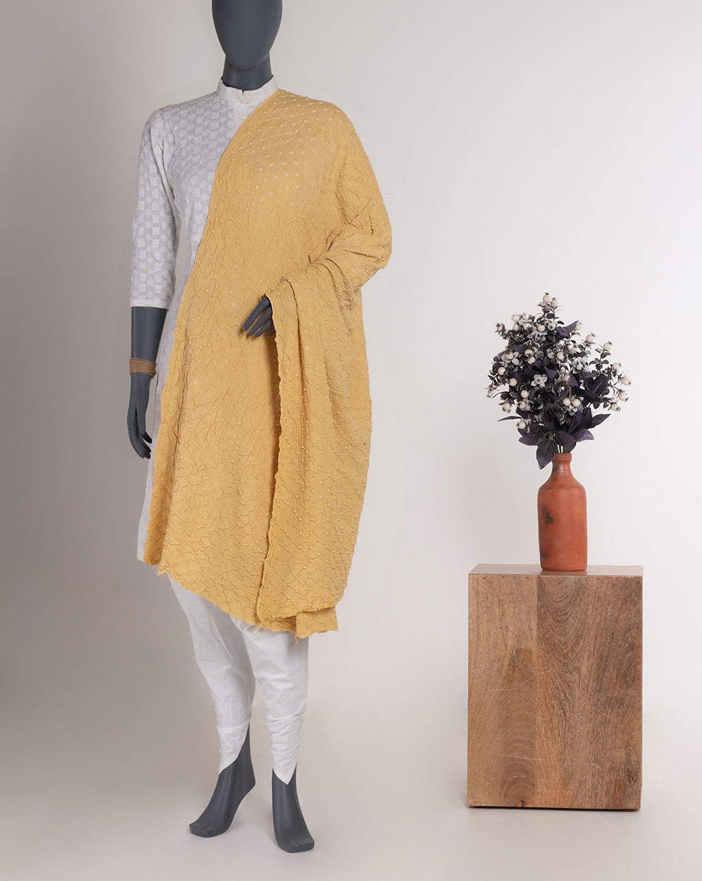 Beige Polka Dots Bandhani Dobby Rayon Dupatta - Fabriclore.com