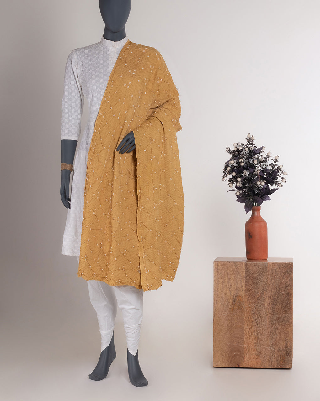Beige Polka Dots Bandhani Dobby Rayon Dupatta - Fabriclore.com