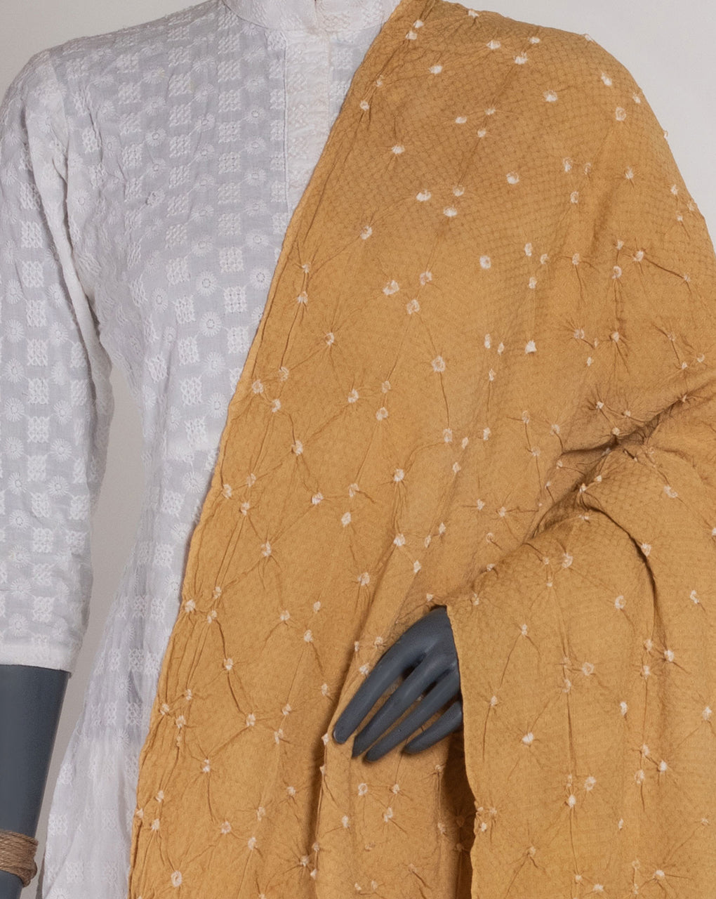Beige Polka Dots Bandhani Dobby Rayon Dupatta - Fabriclore.com