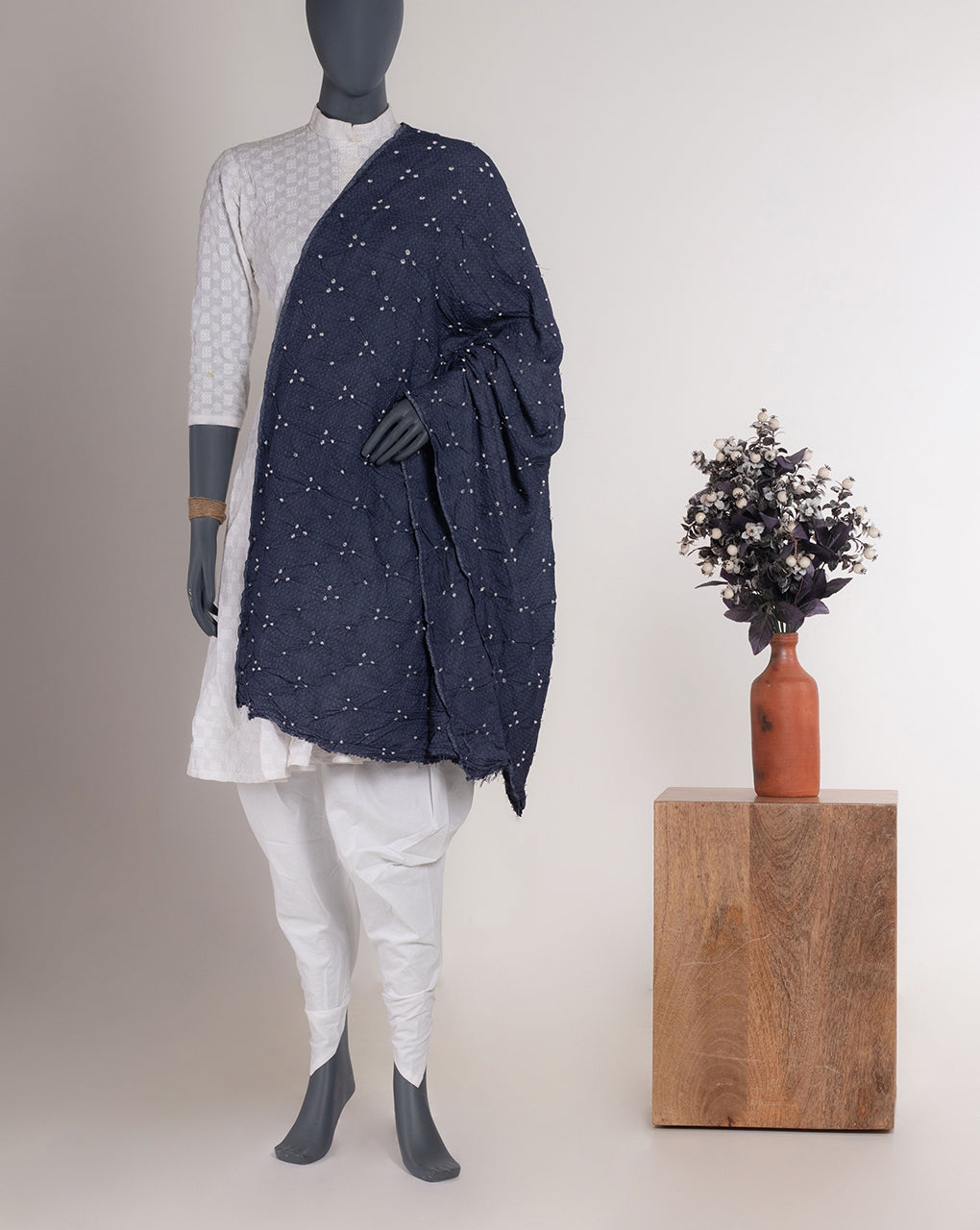 Grey Polka Dots Bandhani Dobby Rayon Dupatta - Fabriclore.com