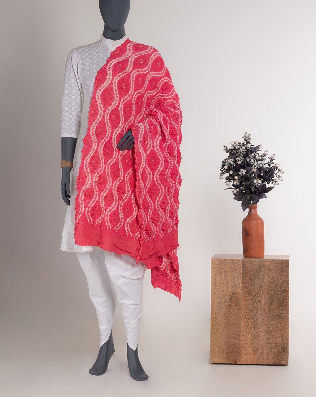 Salmon Chevron Shibori Tie & Dye Dobby Rayon Dupatta - Fabriclore.com