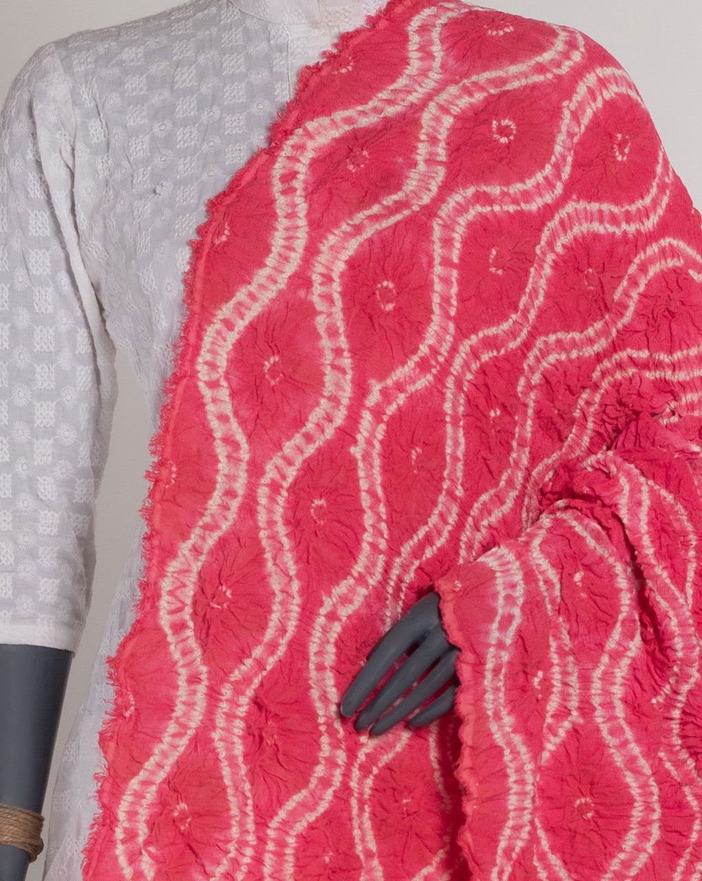 Salmon Chevron Shibori Tie & Dye Dobby Rayon Dupatta - Fabriclore.com