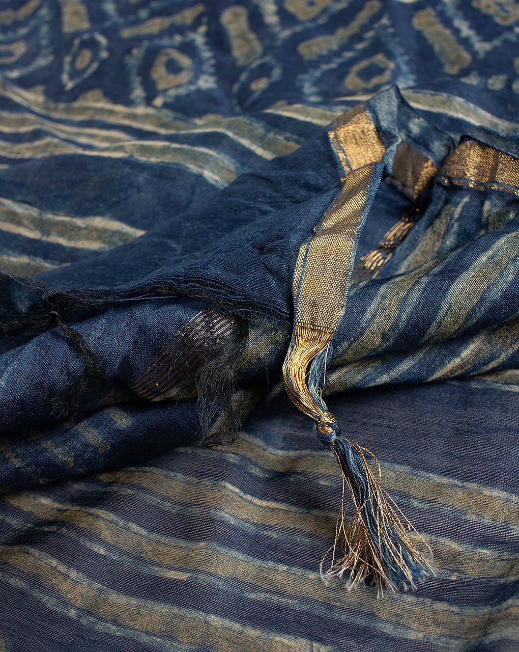 Geometric Akola Hand Block Zari Border Chanderi Dupatta - Fabriclore.com