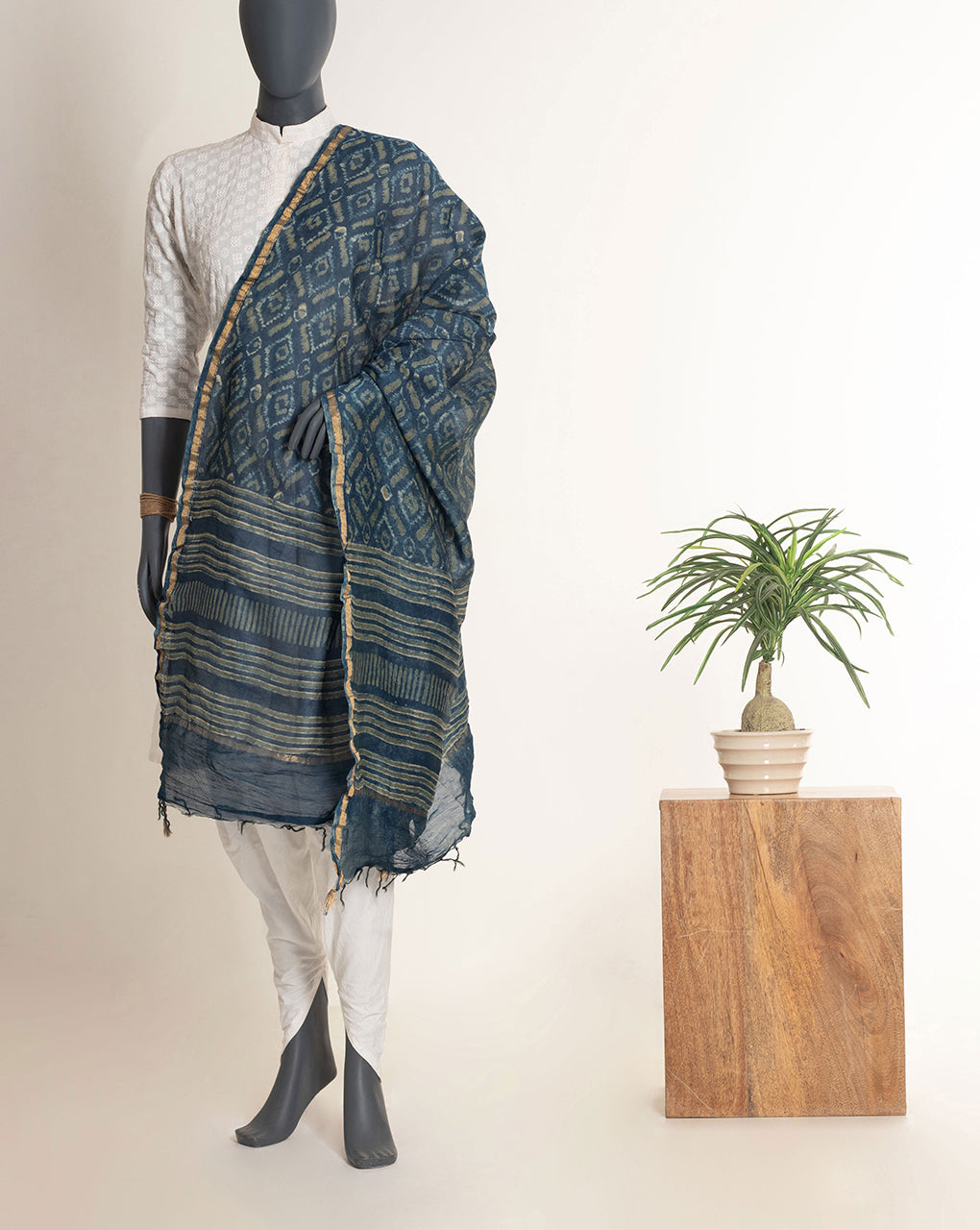 Geometric Akola Hand Block Zari Border Chanderi Dupatta - Fabriclore.com