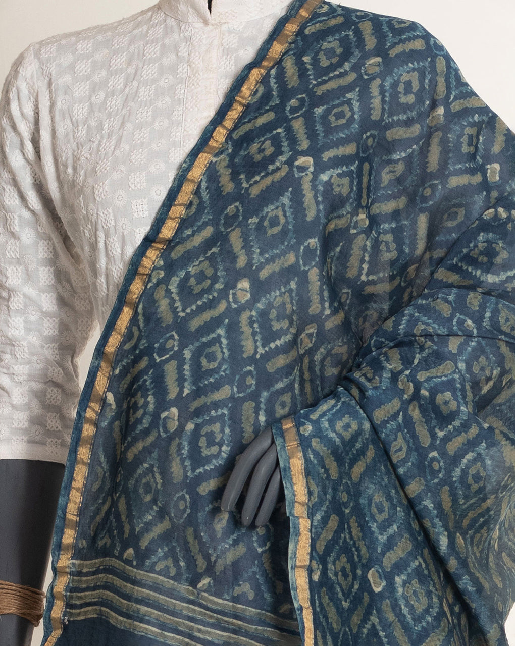 Geometric Akola Hand Block Zari Border Chanderi Dupatta - Fabriclore.com