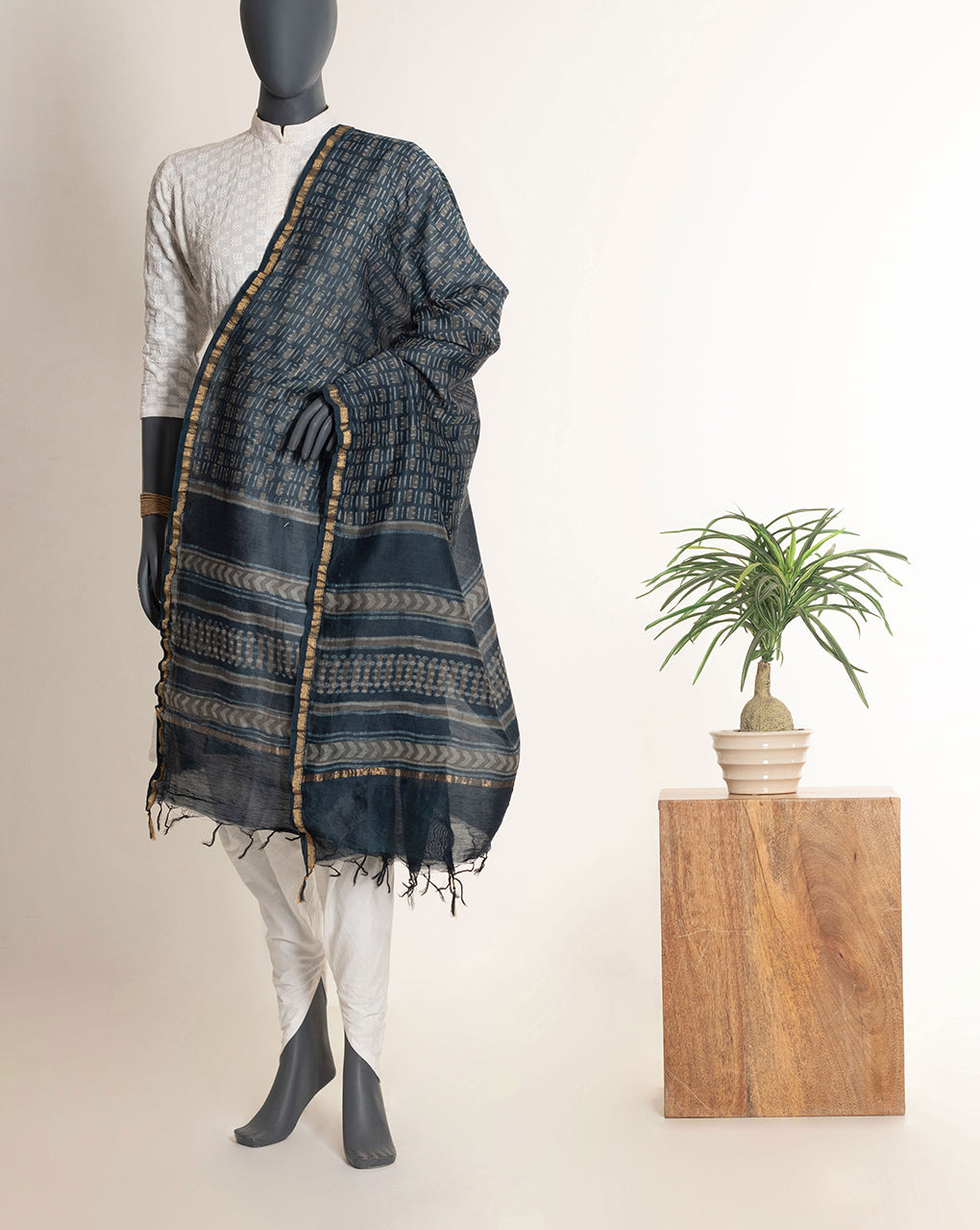 Geometric Akola Hand Block Zari Border Chanderi Dupatta - Fabriclore.com